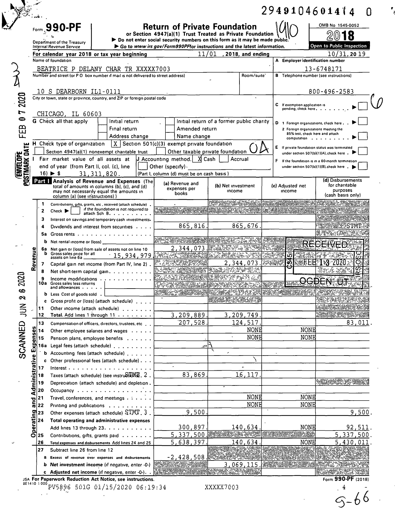 Image of first page of 2018 Form 990PR for Beatrice P. Delaney Charitable Foundation