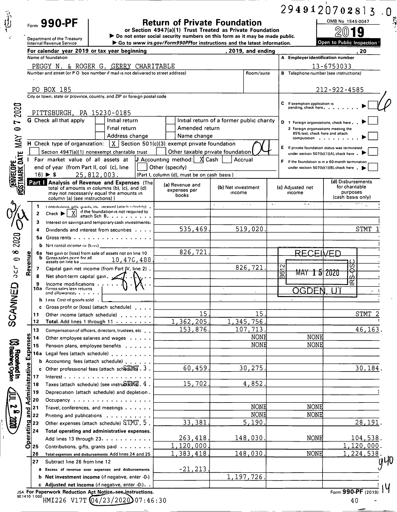 Image of first page of 2019 Form 990PR for Peggy N and Roger G Gerry Charitable