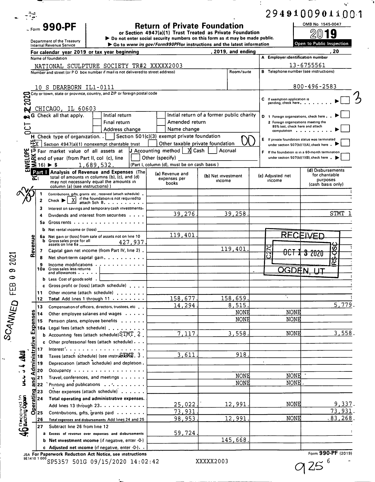 Image of first page of 2019 Form 990PF for National Sculpture Society TR#2 XXXXX2003