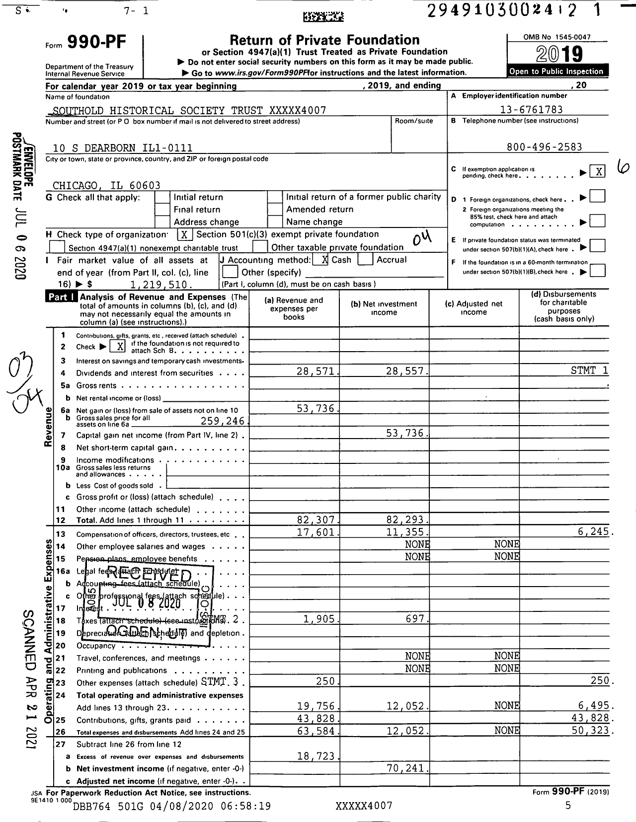 Image of first page of 2019 Form 990PF for Southold Historical Society Trust XXXXX4007