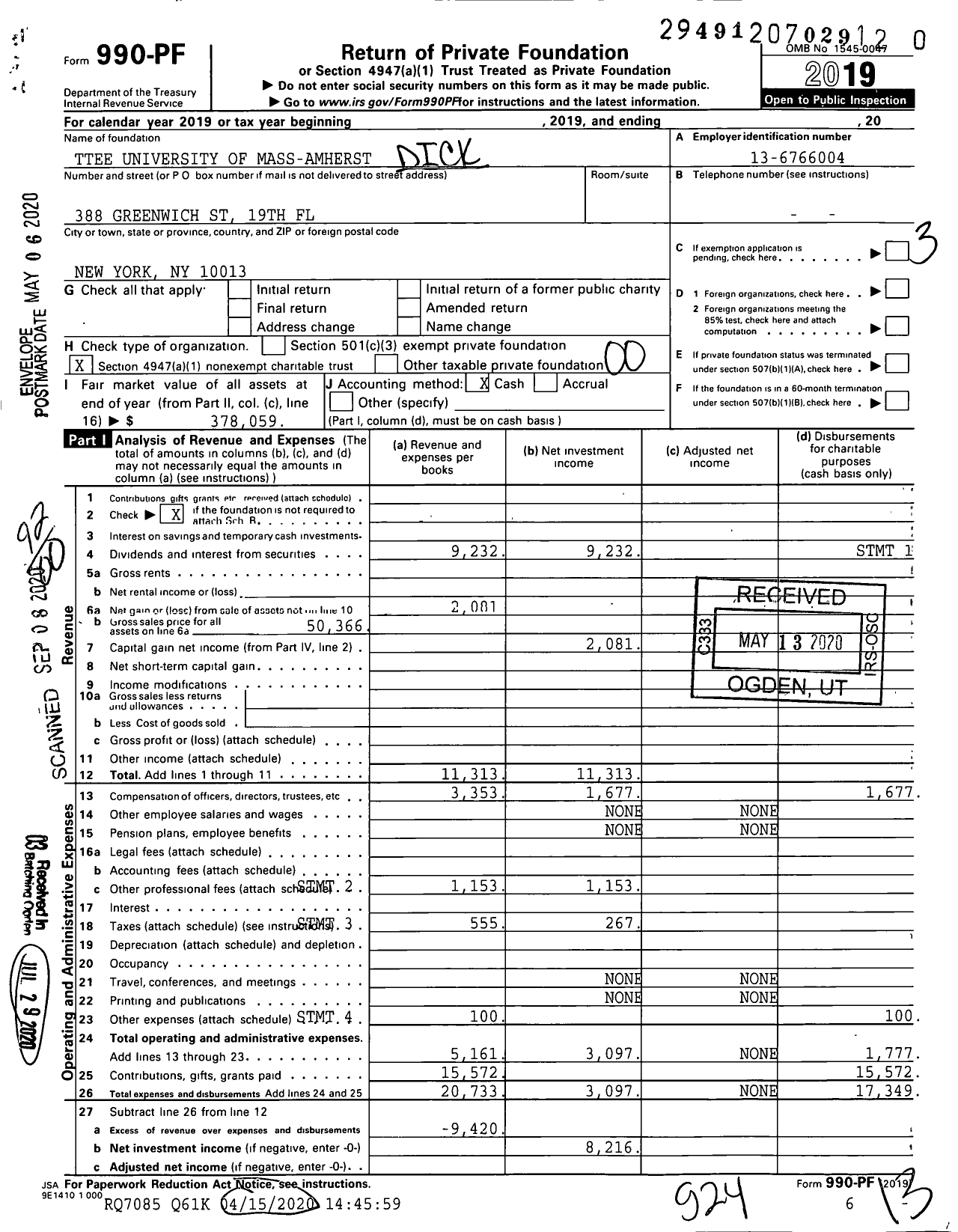 Image of first page of 2019 Form 990PR for Trustees University of Mass-Amherst