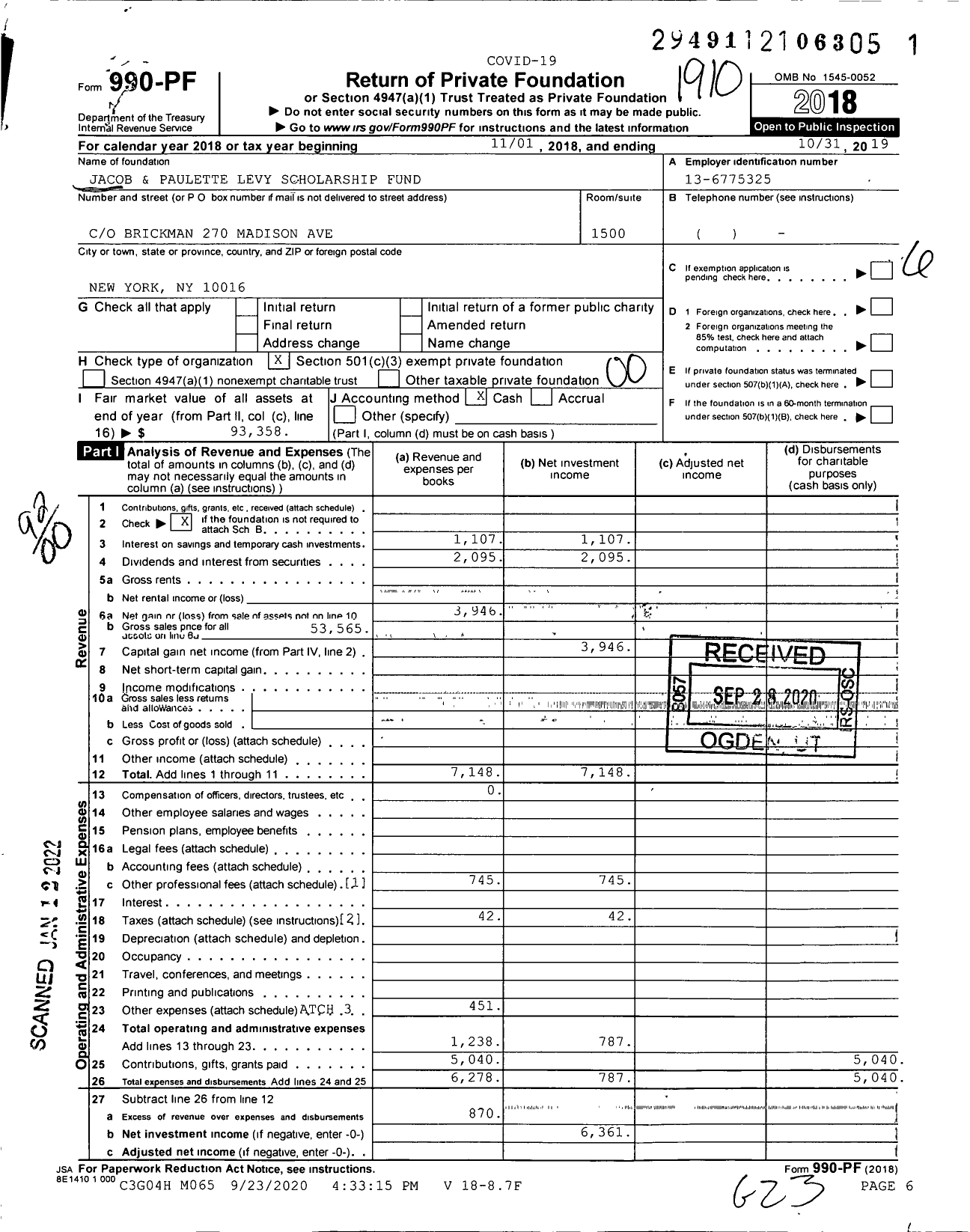 Image of first page of 2018 Form 990PF for Jacob and Paulette Levy Scholarship Fund