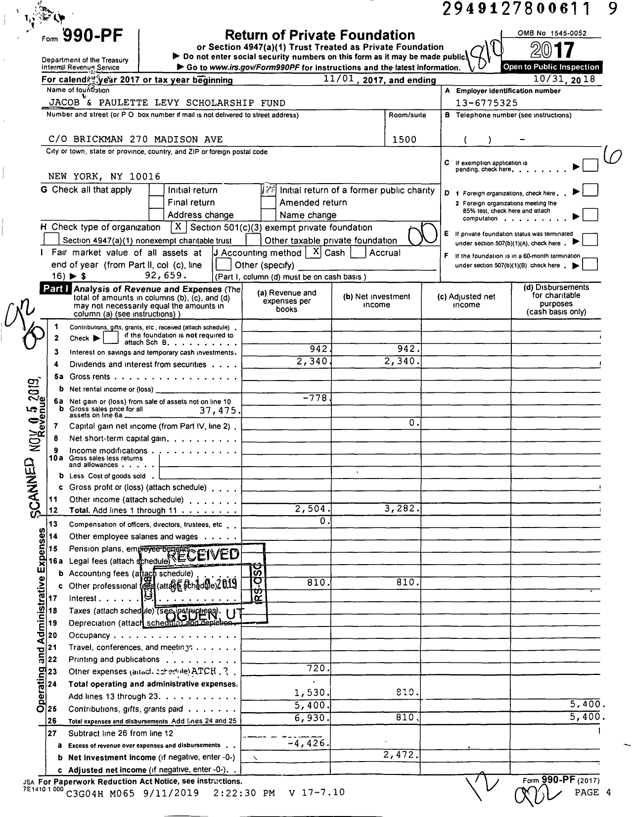 Image of first page of 2017 Form 990PF for Jacob and Paulette Levy Scholarship Fund