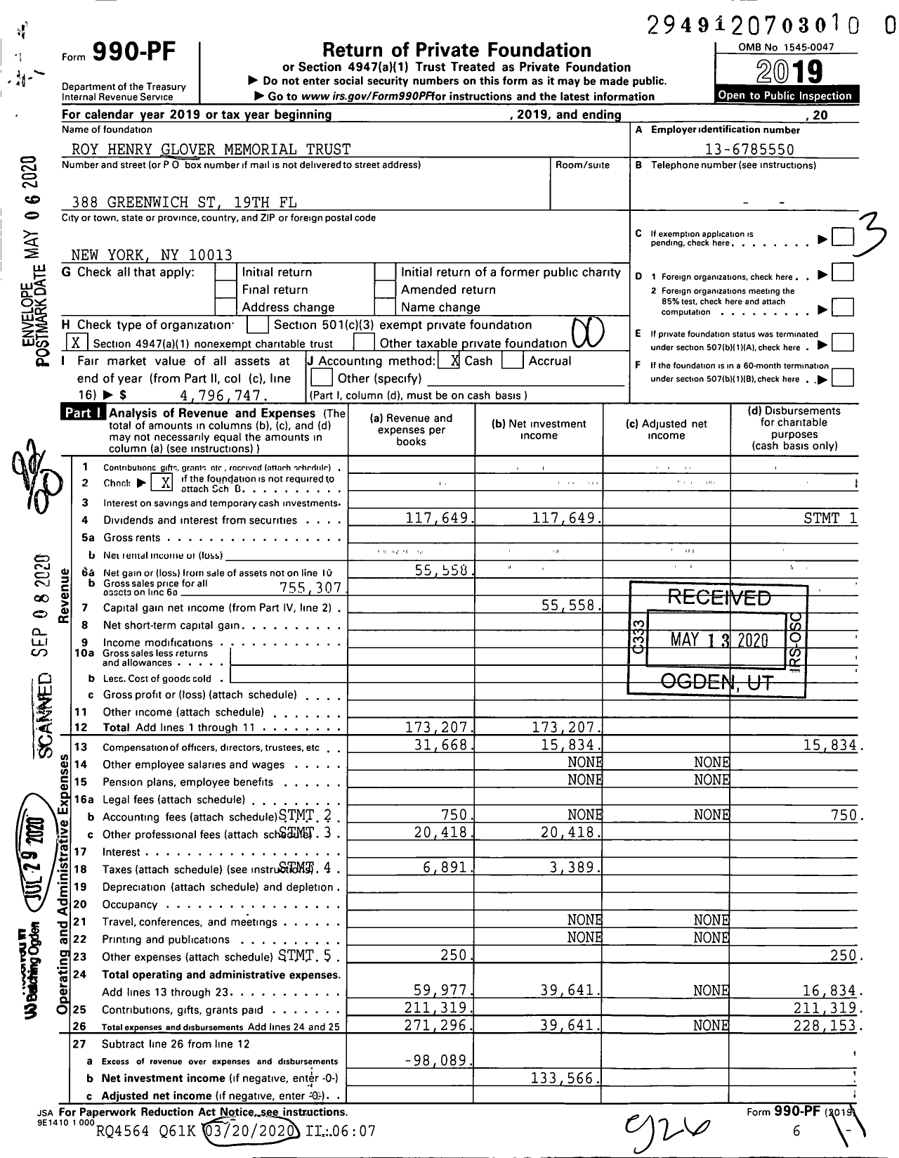 Image of first page of 2019 Form 990PR for Roy Henry Glover Memorial Trust