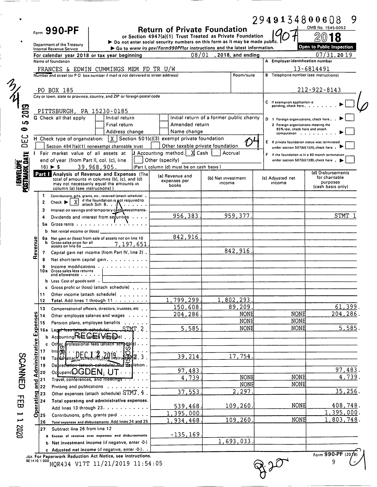 Image of first page of 2018 Form 990PF for Frances and Edwin Cummings Mem FD TR Uw