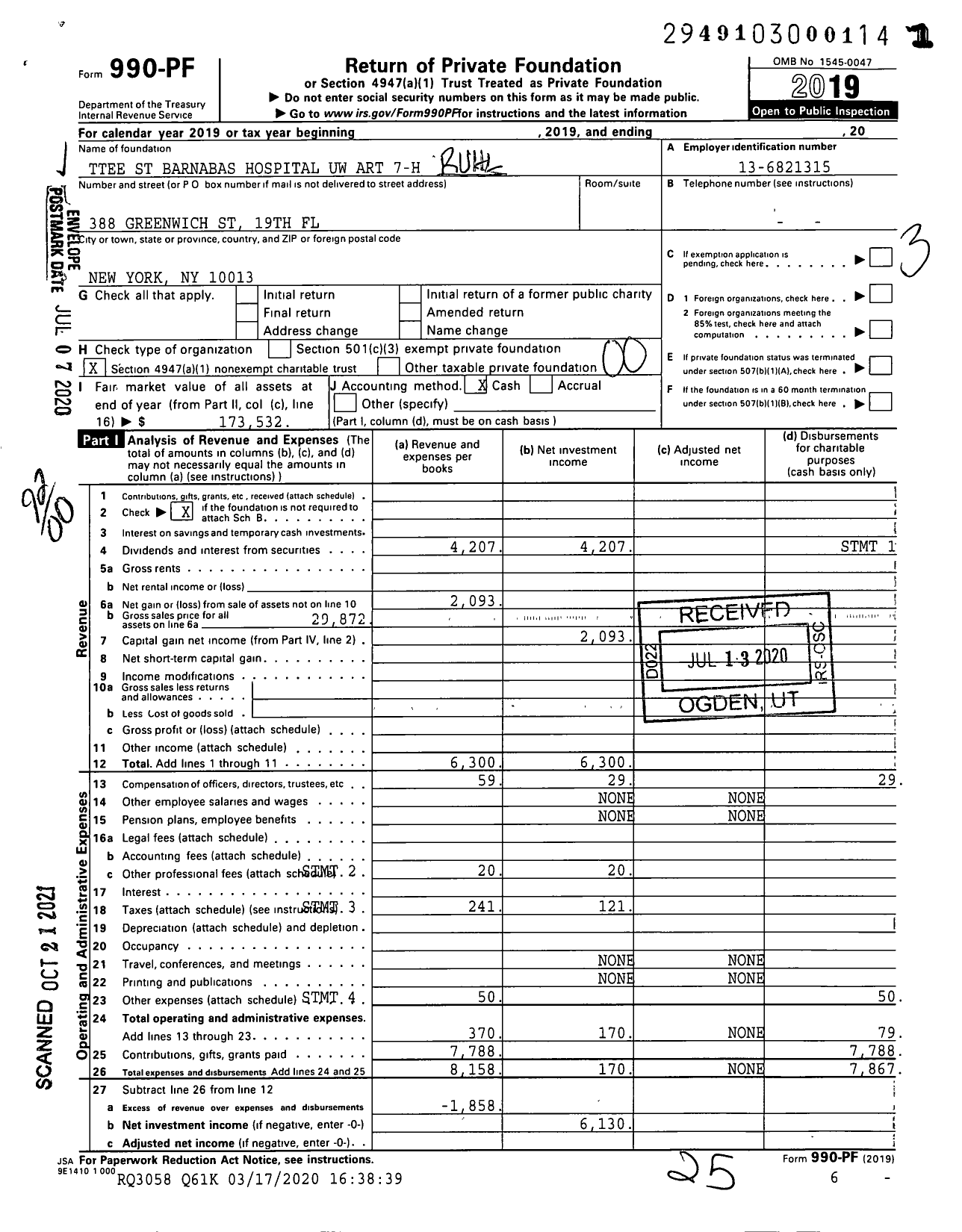 Image of first page of 2019 Form 990PF for Trustees St Barnabas Hospital Uw Art 7-h