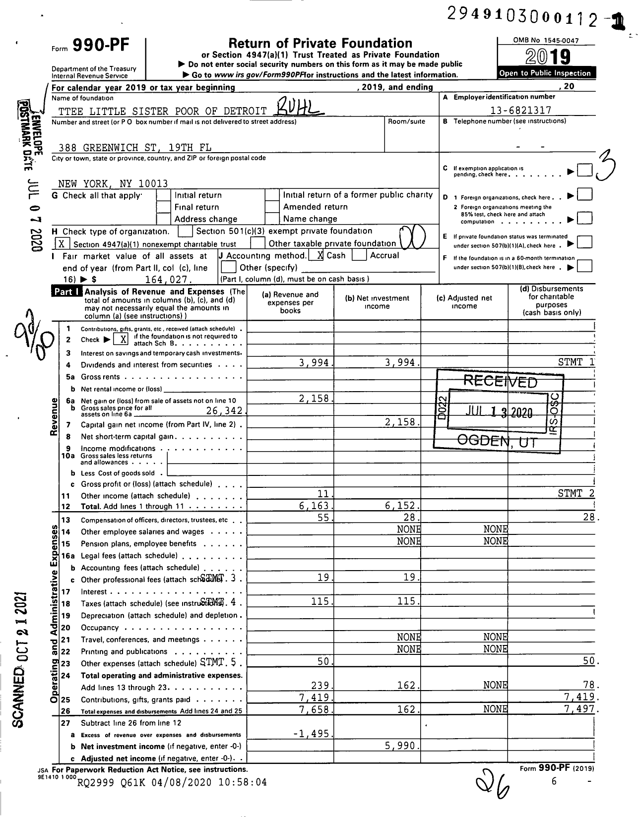 Image of first page of 2019 Form 990PF for Trustees Little Sister Poor of Detroit