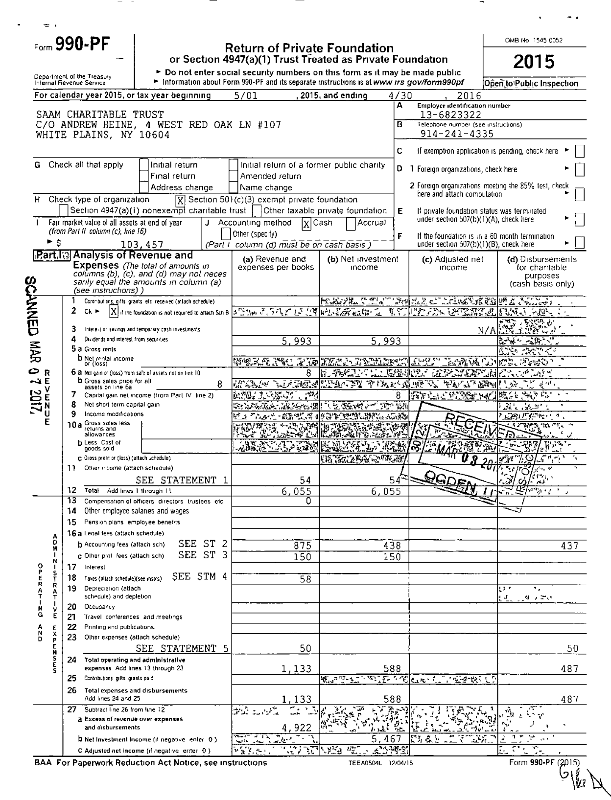 Image of first page of 2015 Form 990PF for Saam Charitable Trust