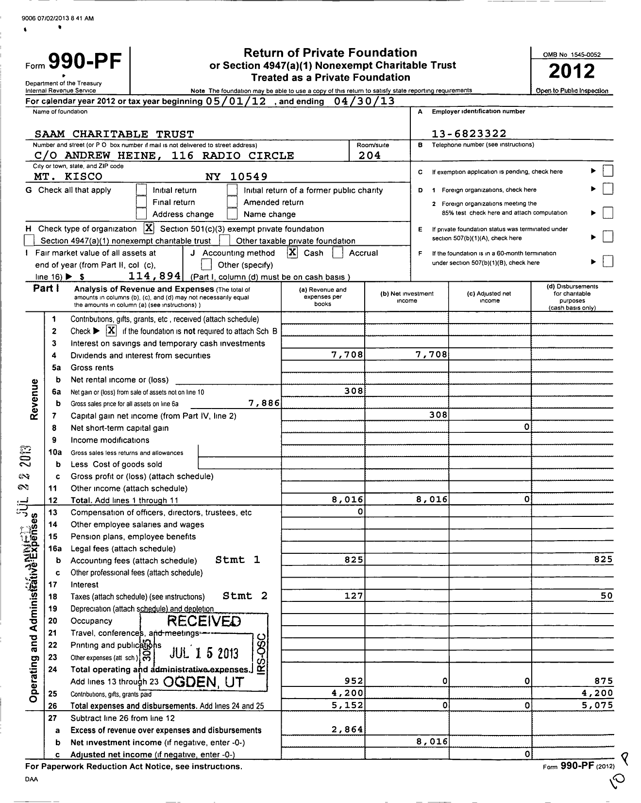 Image of first page of 2012 Form 990PF for Saam Charitable Trust