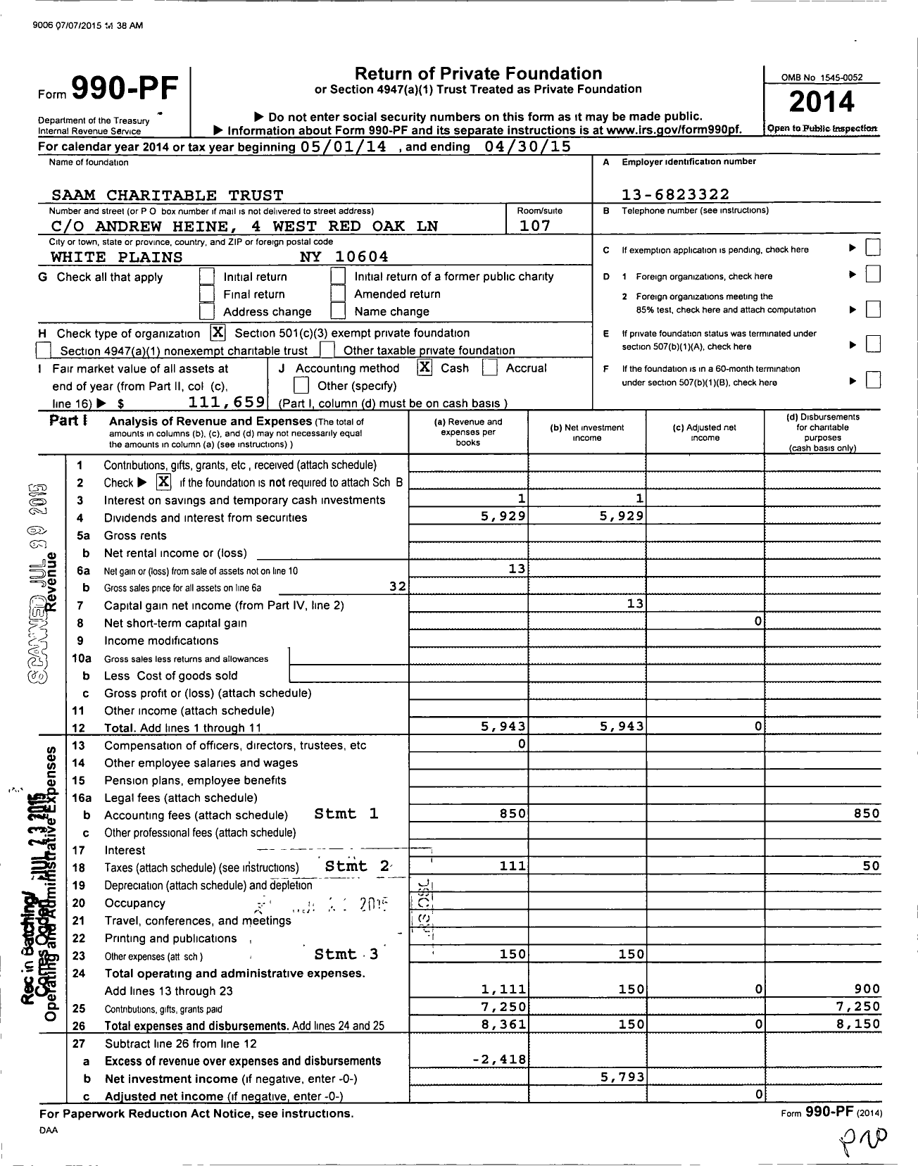 Image of first page of 2014 Form 990PF for Saam Charitable Trust