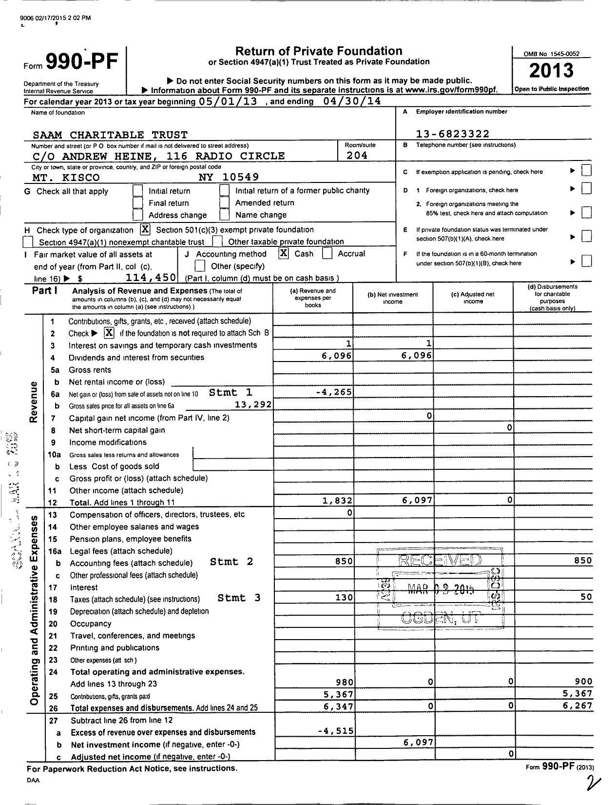 Image of first page of 2013 Form 990PF for Saam Charitable Trust