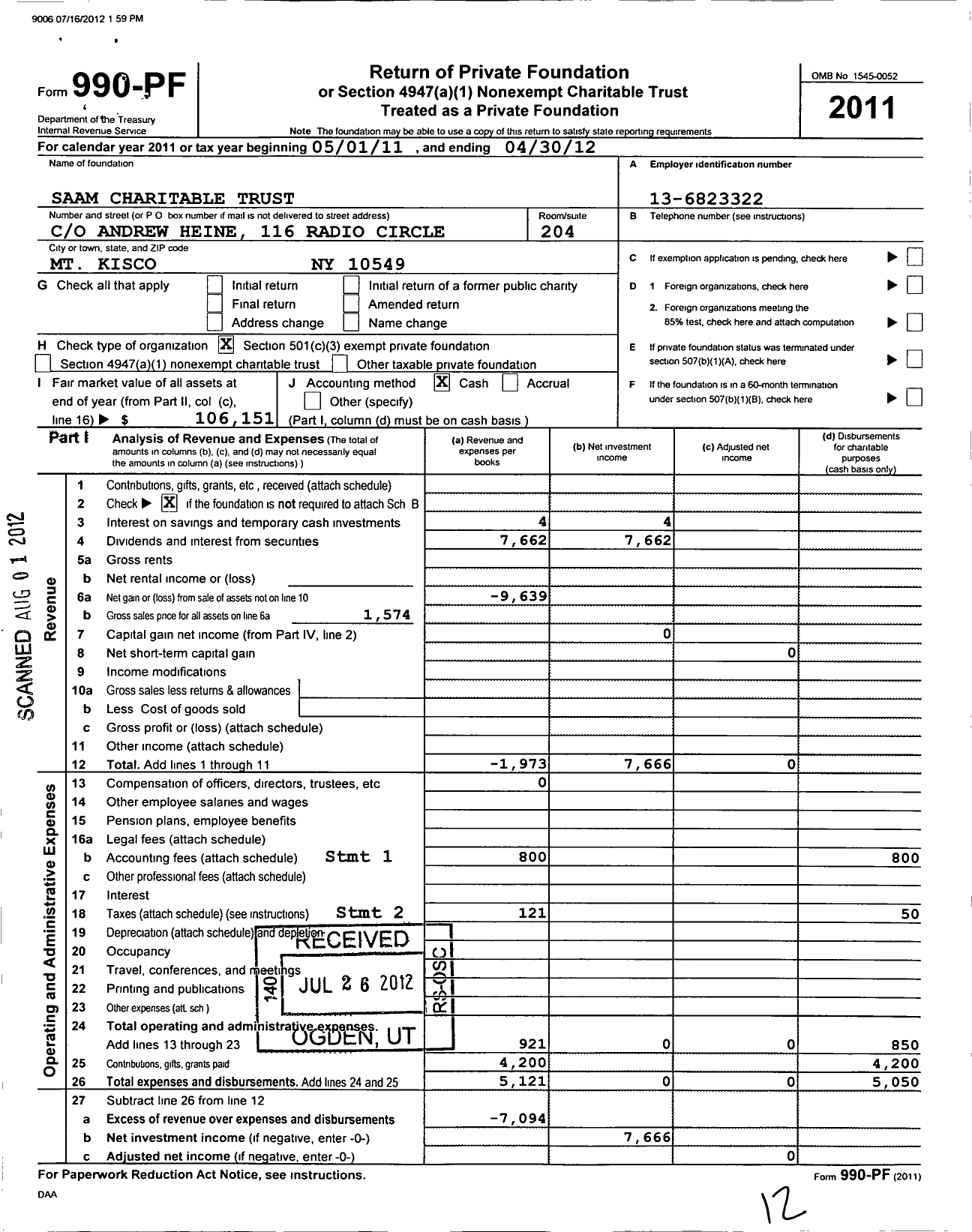 Image of first page of 2011 Form 990PF for Saam Charitable Trust