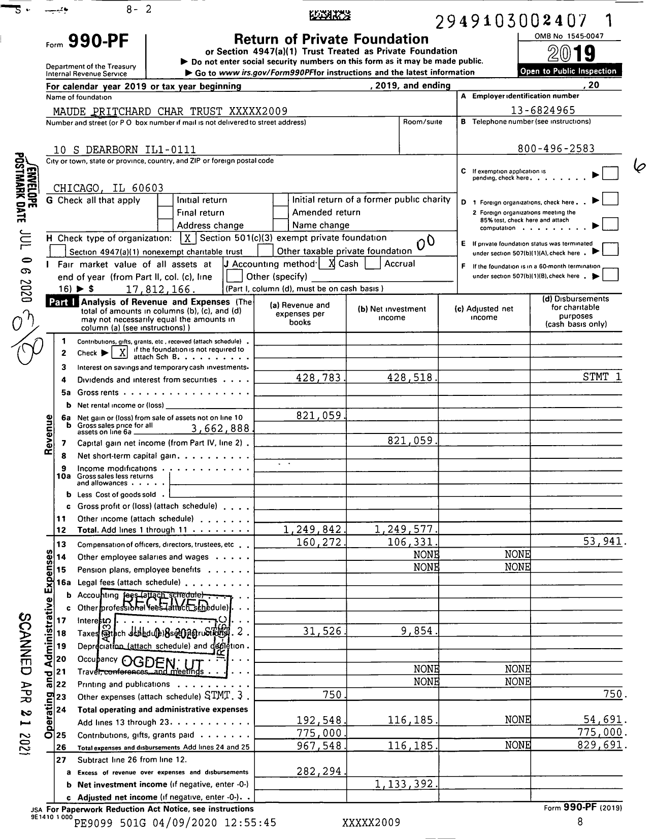 Image of first page of 2019 Form 990PF for Maude Pritchard Char Trust XXXXX2009