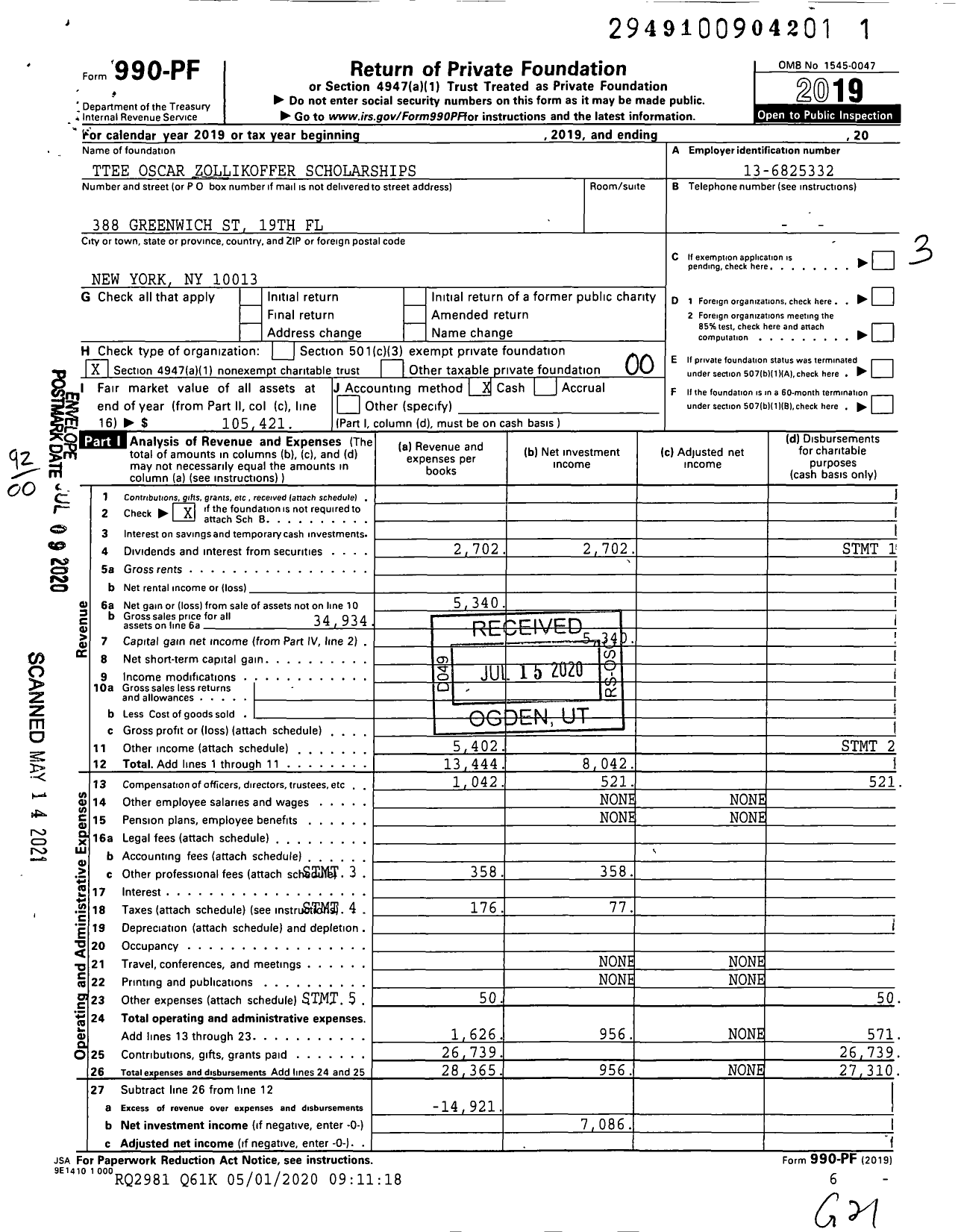 Image of first page of 2019 Form 990PF for Trustees Oscar Zollikoffer Scholarships