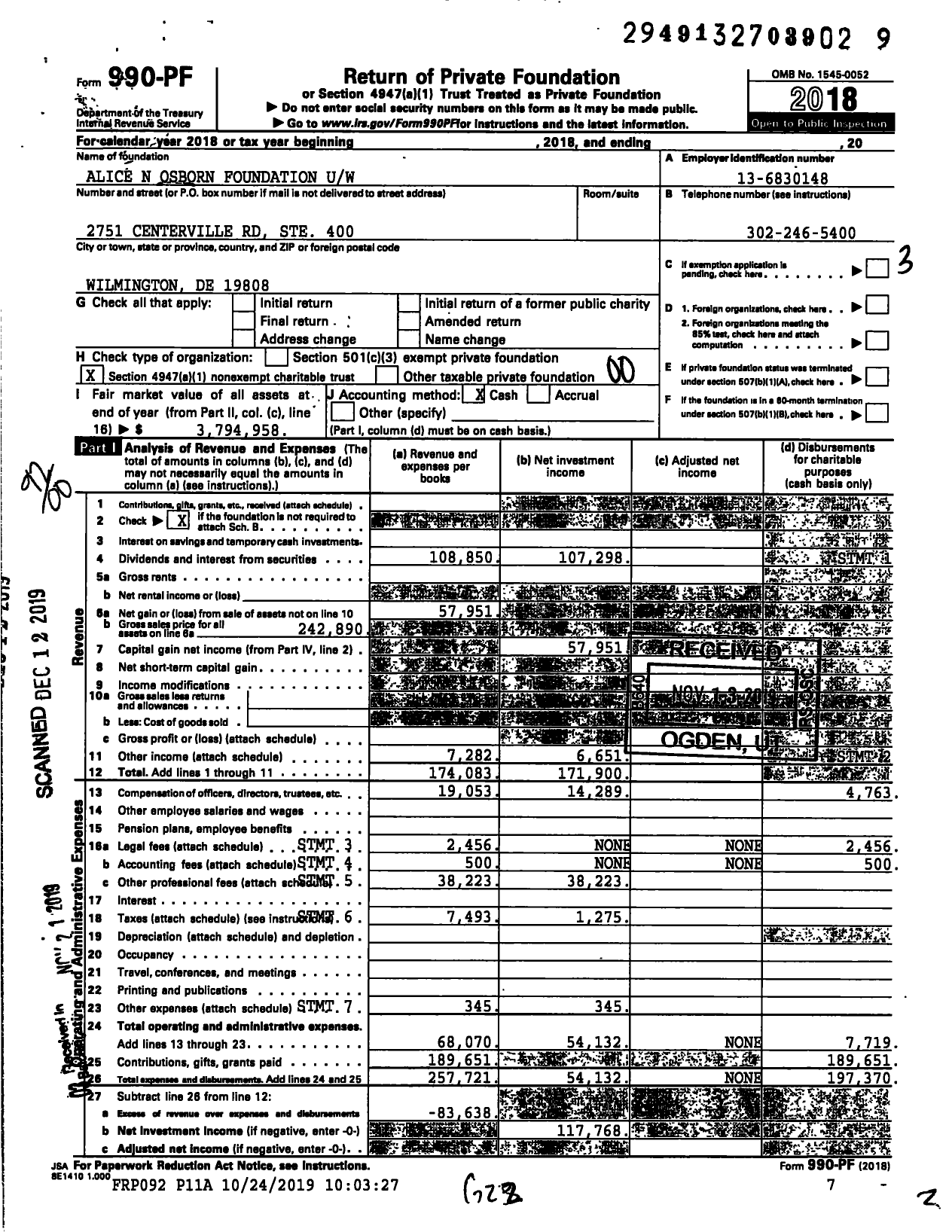 Image of first page of 2018 Form 990PF for Alice N Osborn Foundation Uw