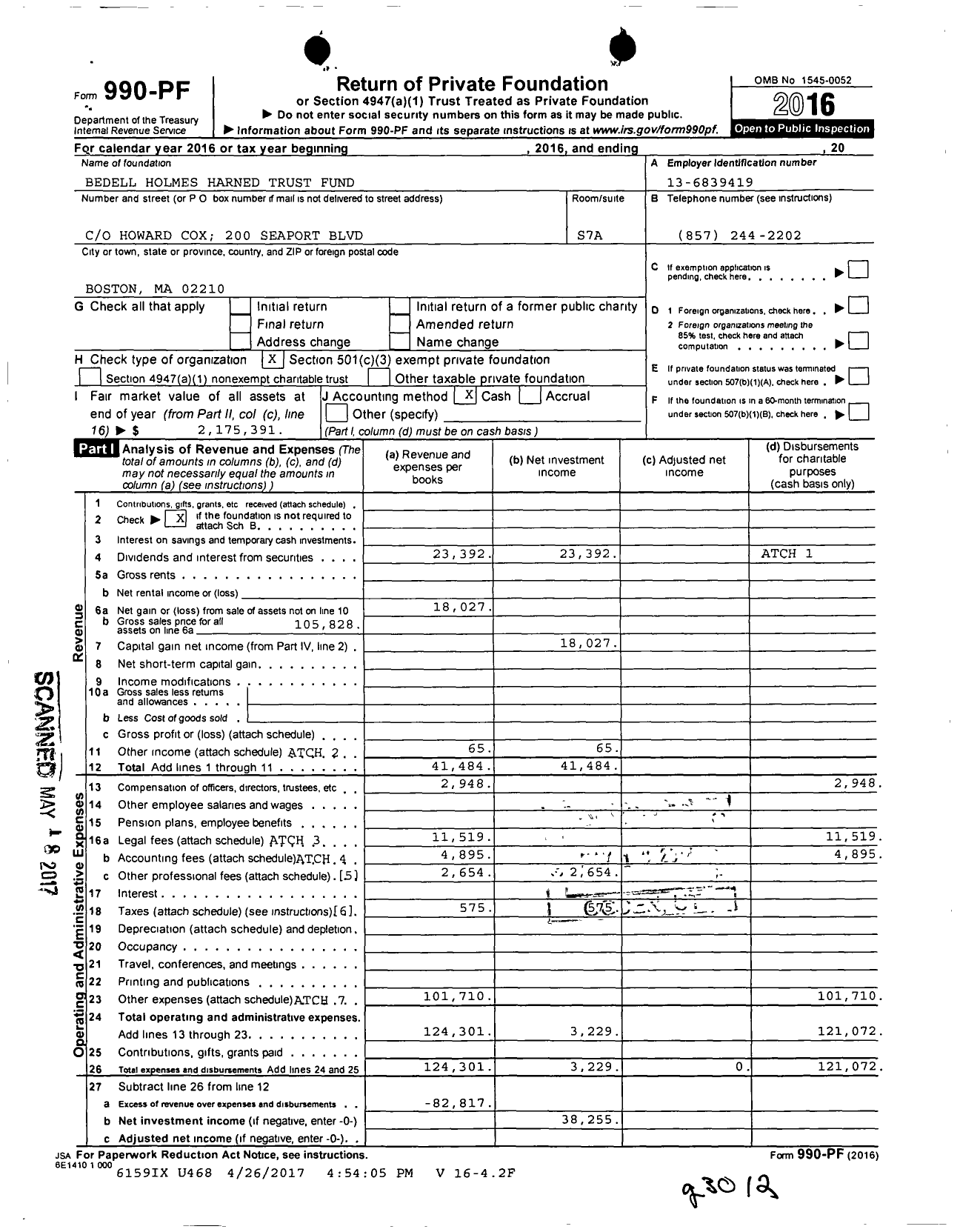 Image of first page of 2016 Form 990PF for Bedell Holmes Harned Trust Fund