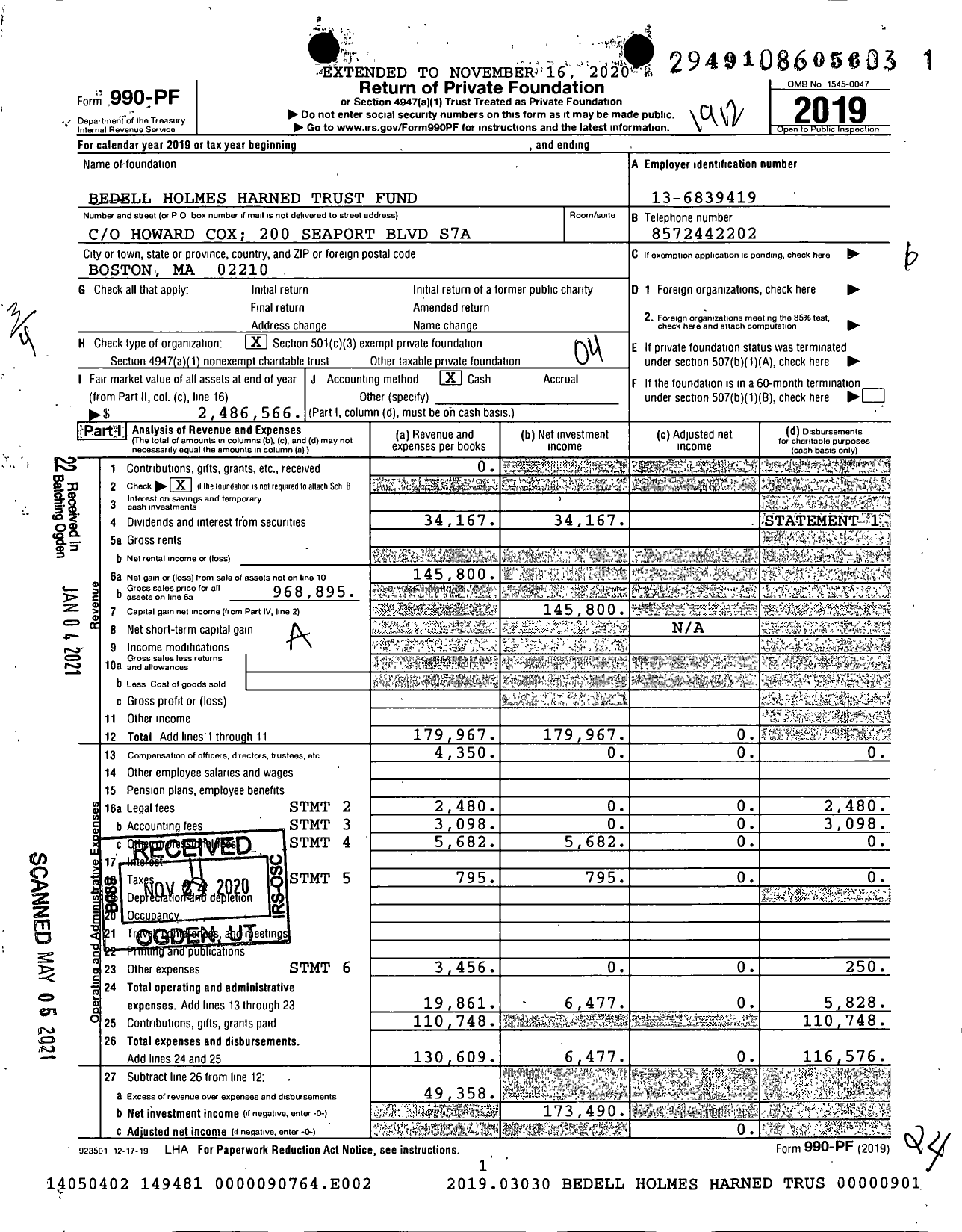 Image of first page of 2019 Form 990PF for Bedell Holmes Harned Trust Fund