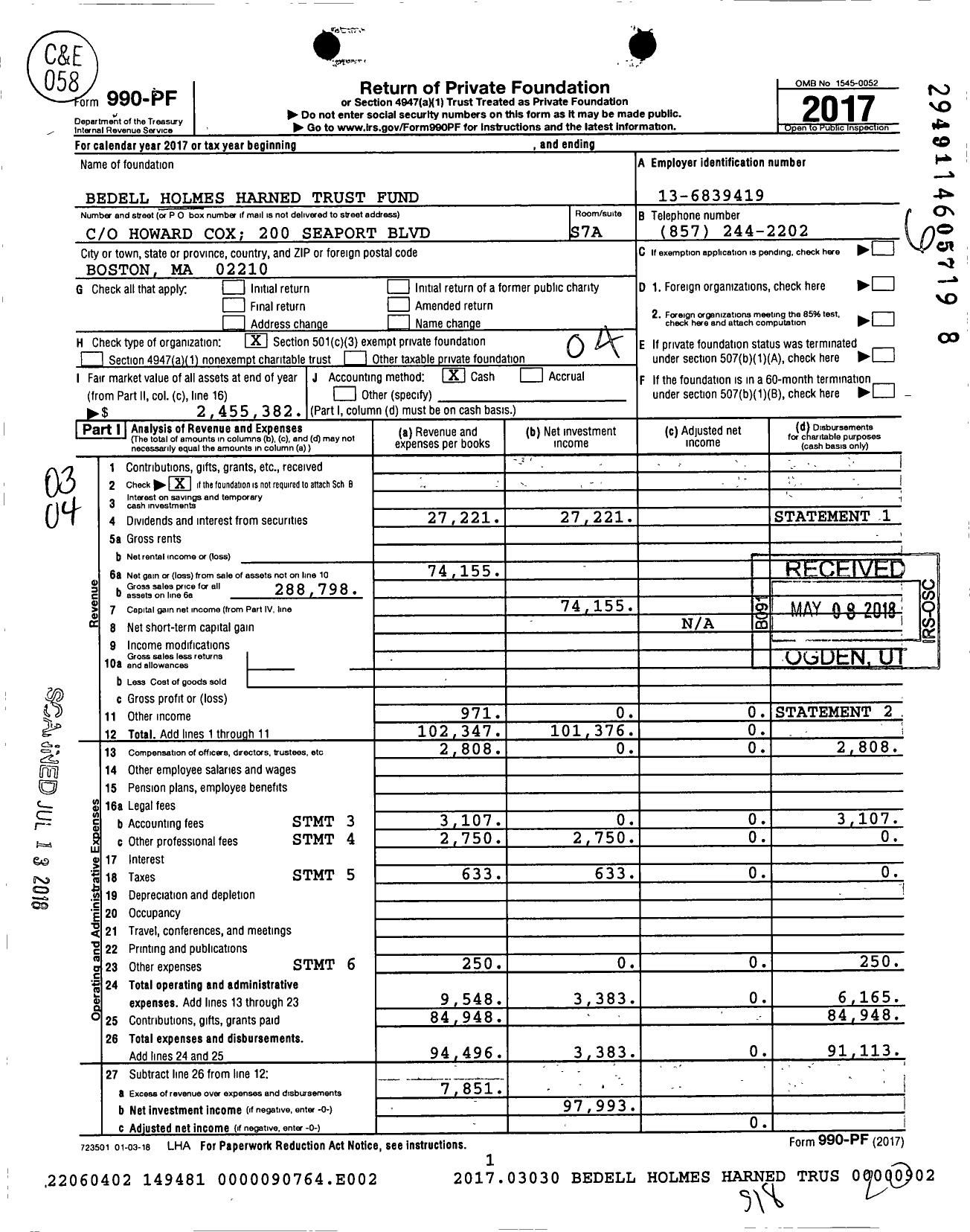 Image of first page of 2017 Form 990PF for Bedell Holmes Harned Trust Fund