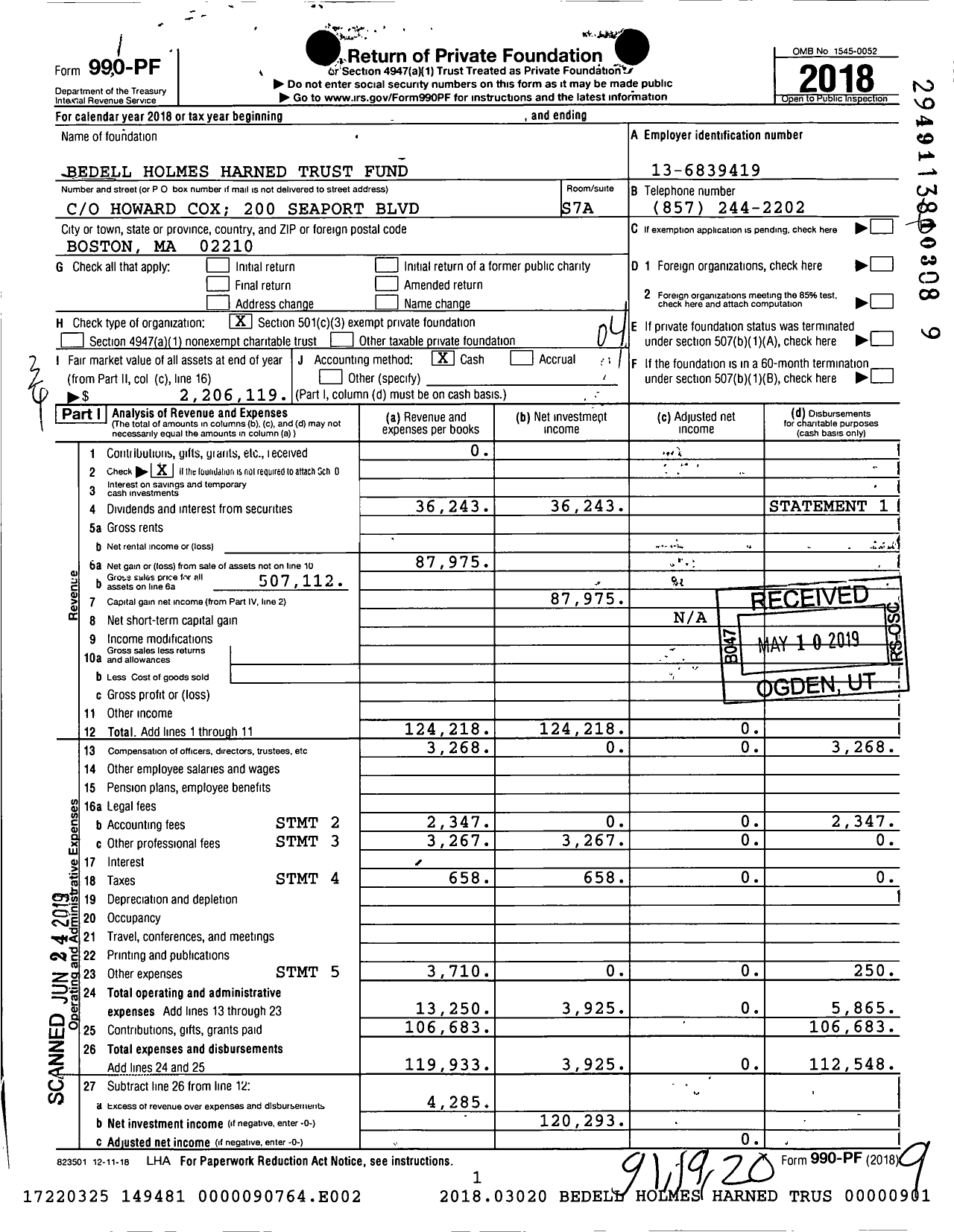Image of first page of 2018 Form 990PF for Bedell Holmes Harned Trust Fund