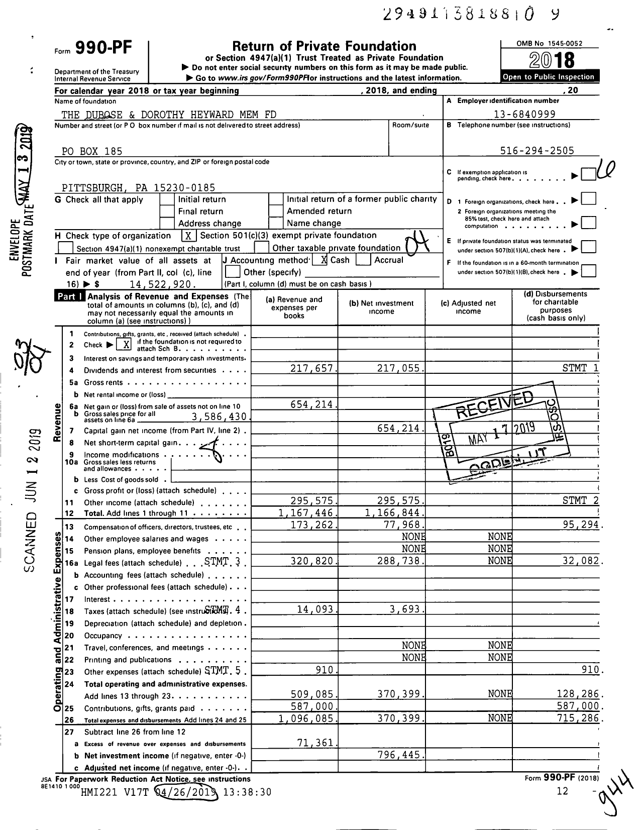 Image of first page of 2018 Form 990PF for The Dubose and Dorothy Heyward Mem Fund