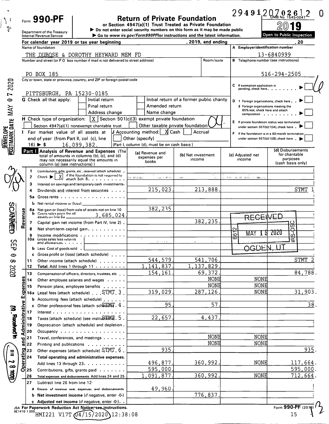 Image of first page of 2019 Form 990PR for The Dubose and Dorothy Heyward Mem Fund