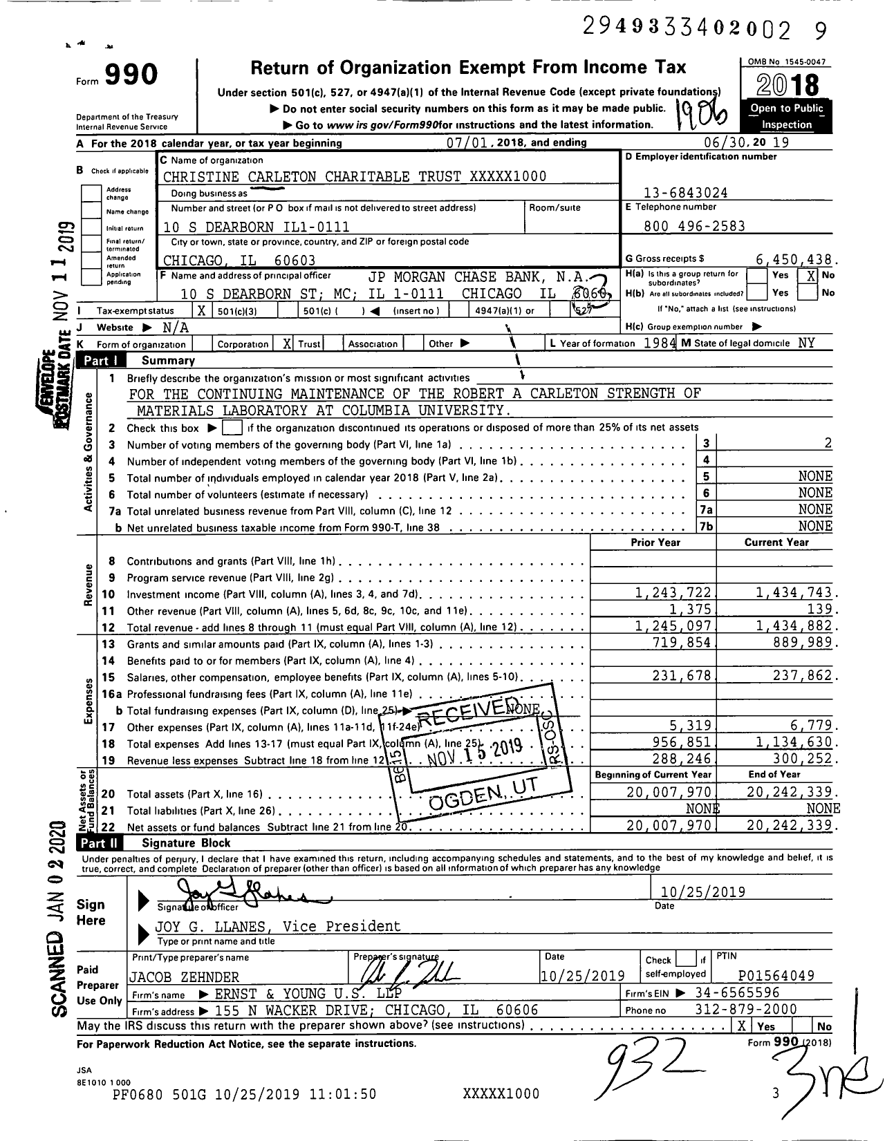 Image of first page of 2018 Form 990 for Christine Carleton Charitable Trust XXXXX1000