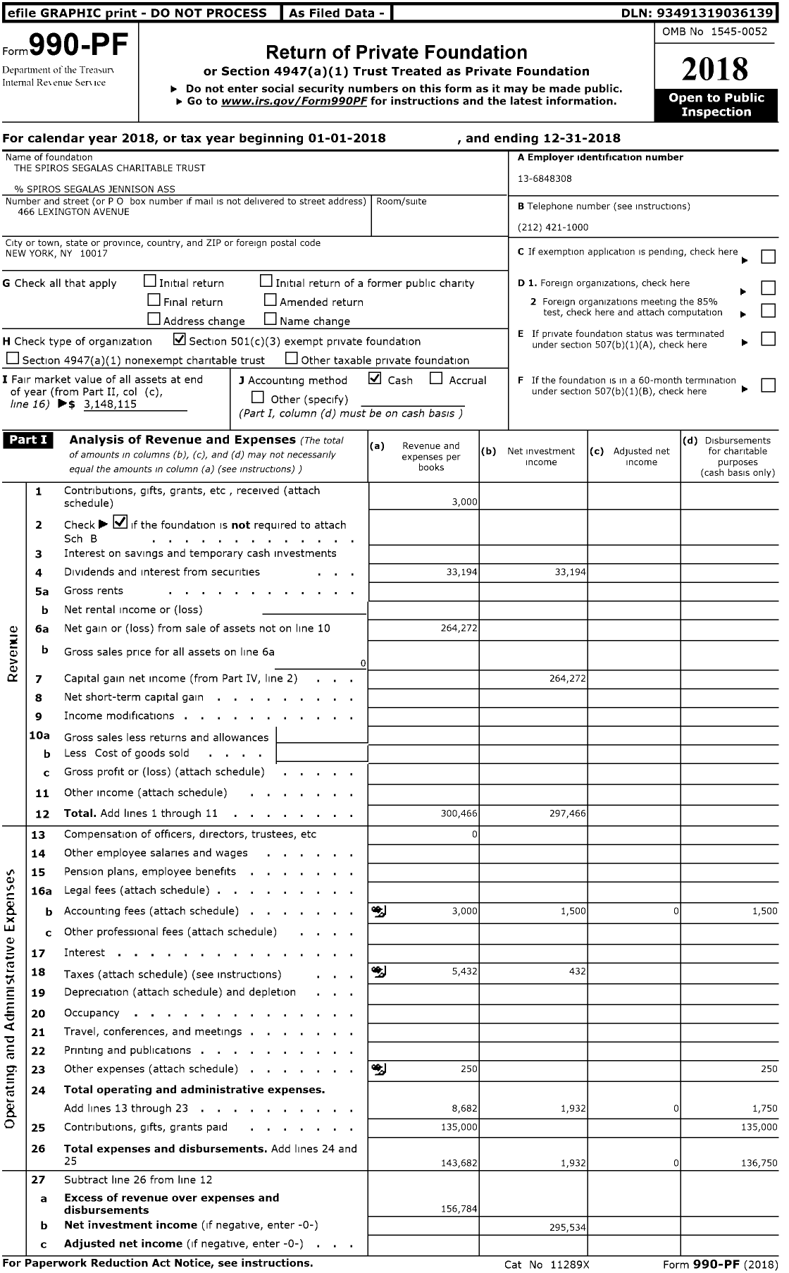 Image of first page of 2018 Form 990PF for The Spiros Segalas Charitable Trust