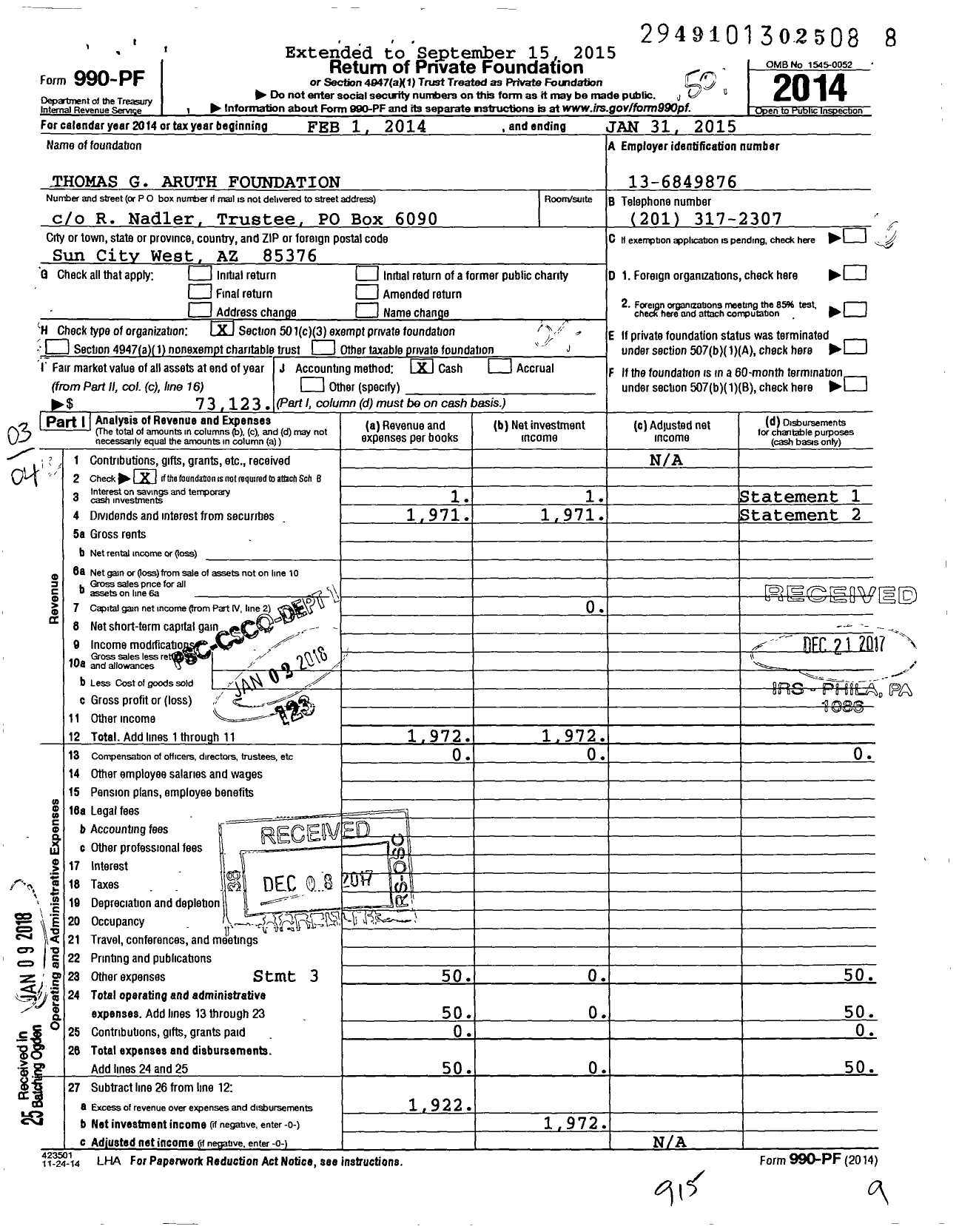 Image of first page of 2014 Form 990PF for Thomas G Aruth Foundation