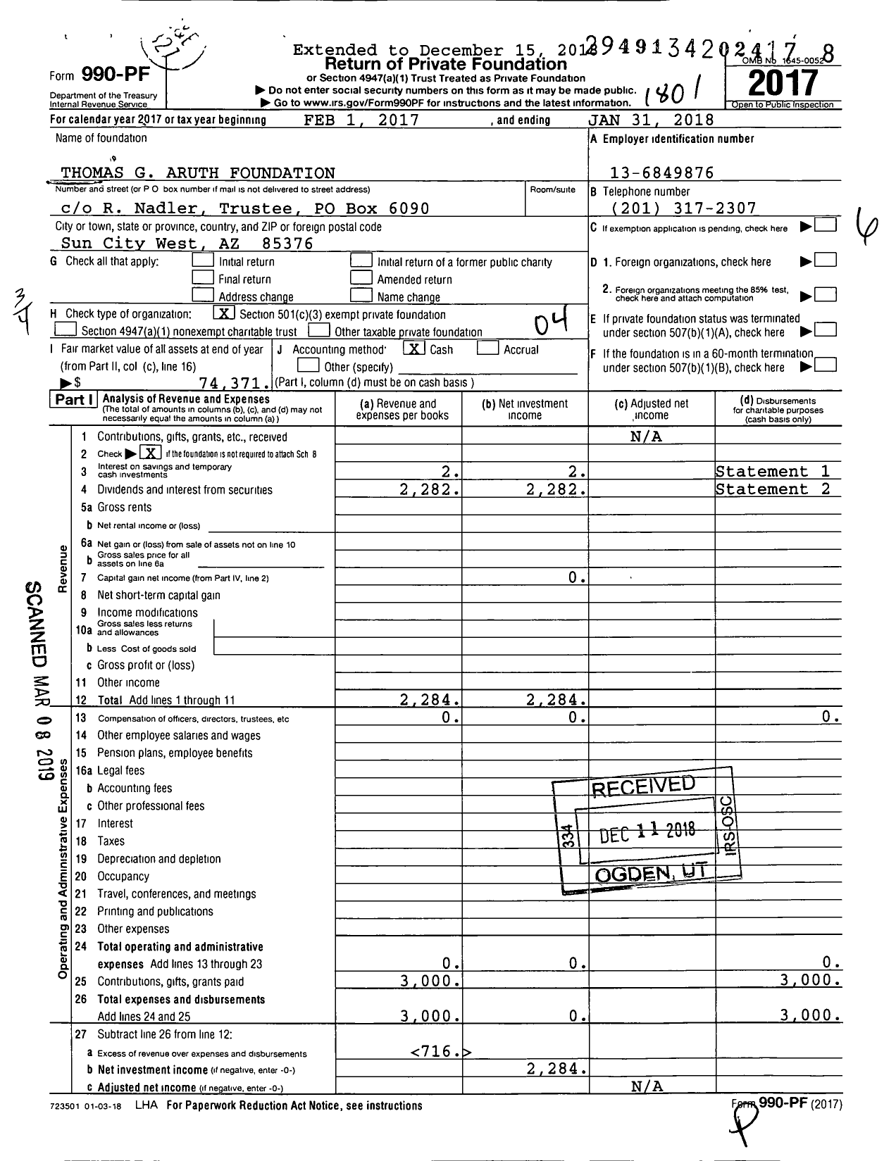 Image of first page of 2017 Form 990PF for Thomas G Aruth Foundation