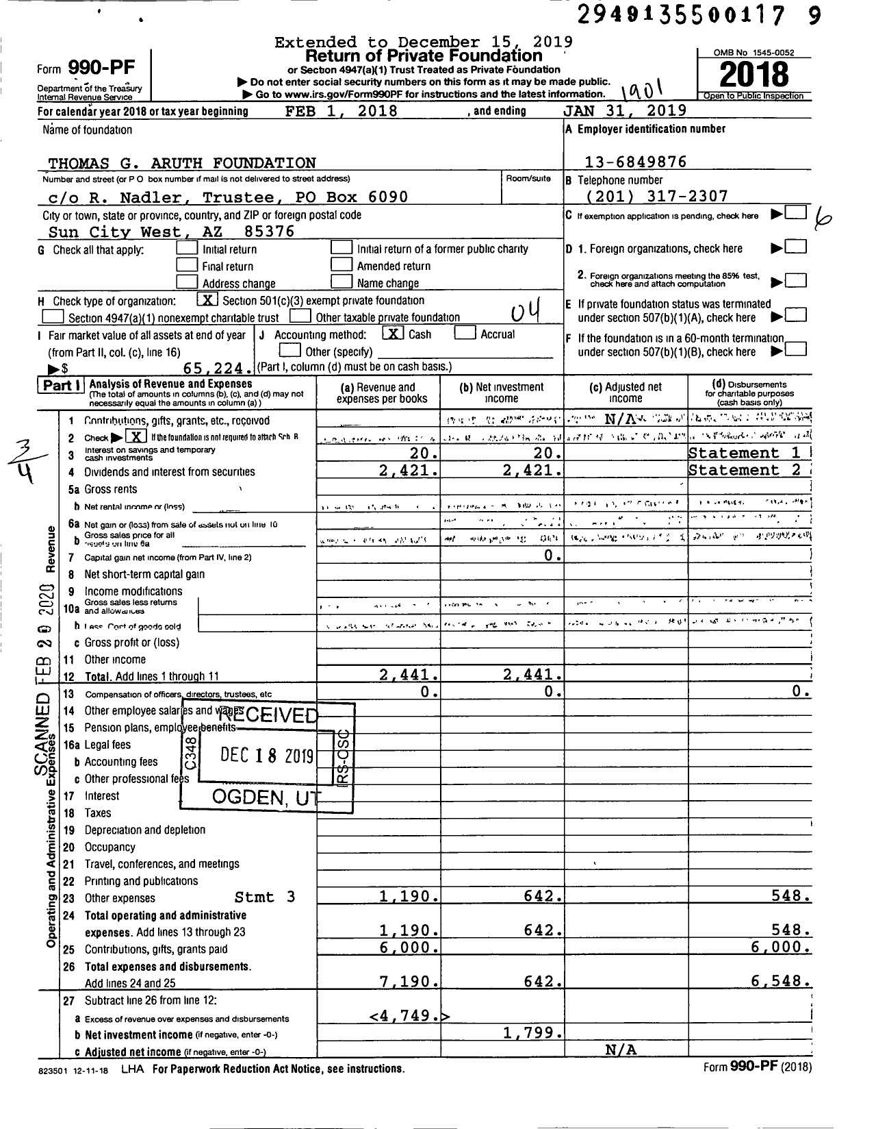 Image of first page of 2018 Form 990PF for Thomas G Aruth Foundation