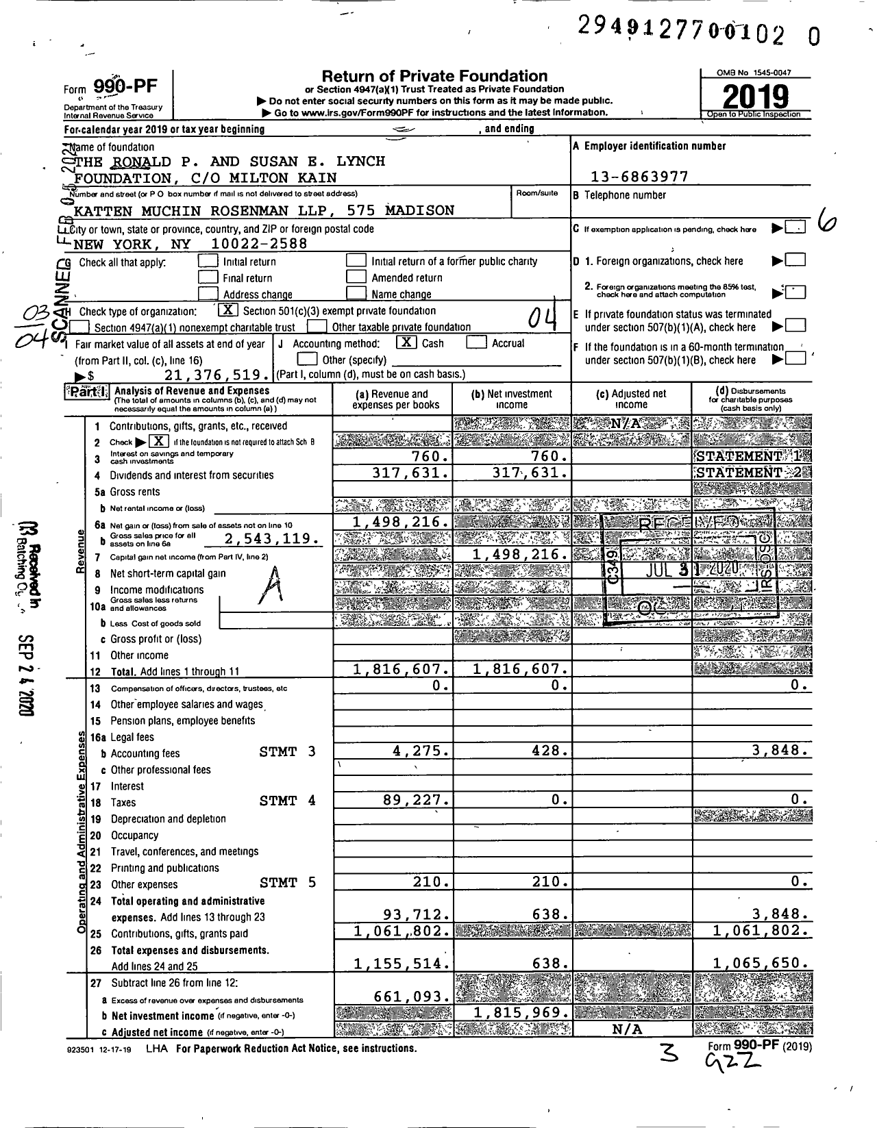 Image of first page of 2019 Form 990PF for The Ronald P and Susan E Lynch Foundation