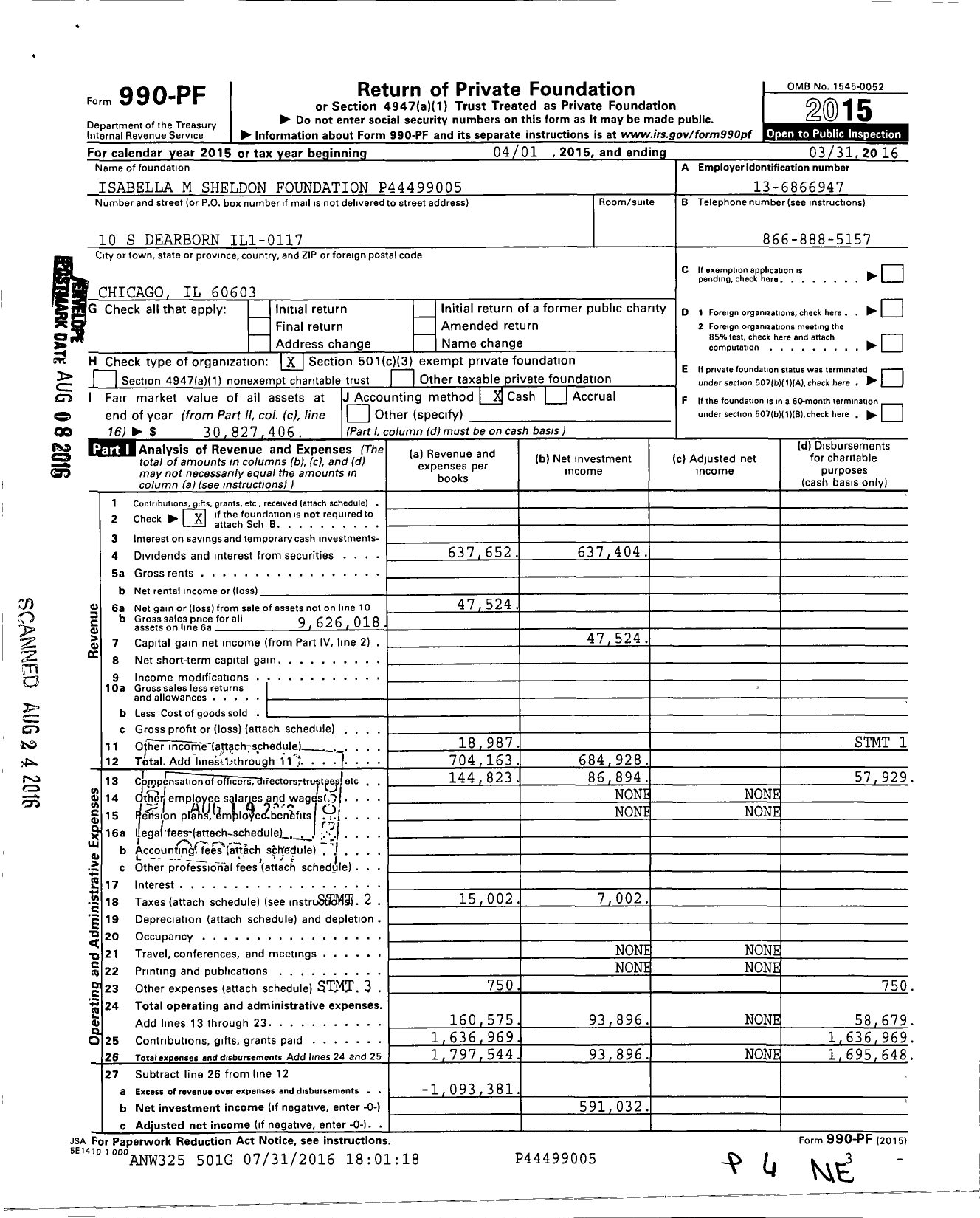 Image of first page of 2015 Form 990PF for Isabella M. Sheldon Foundation