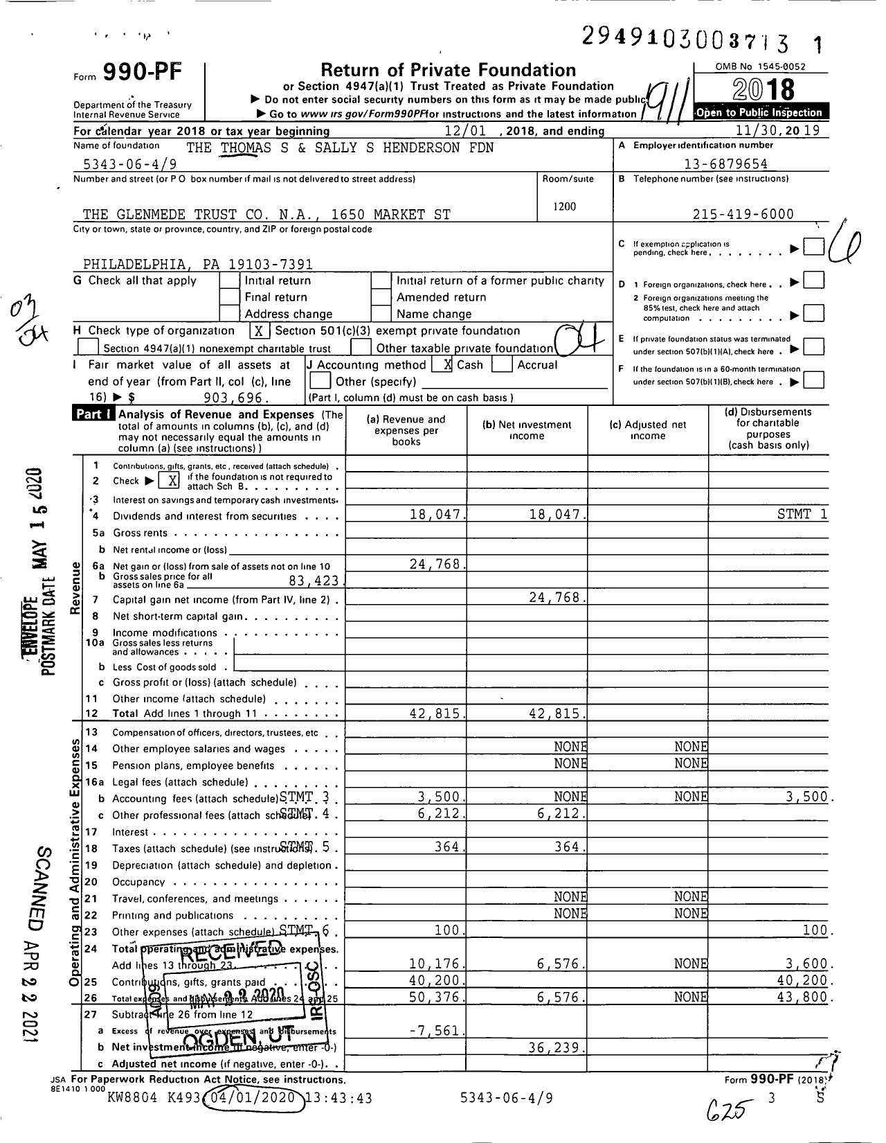 Image of first page of 2018 Form 990PF for The Thomas S and Sally S Henderson Foundation