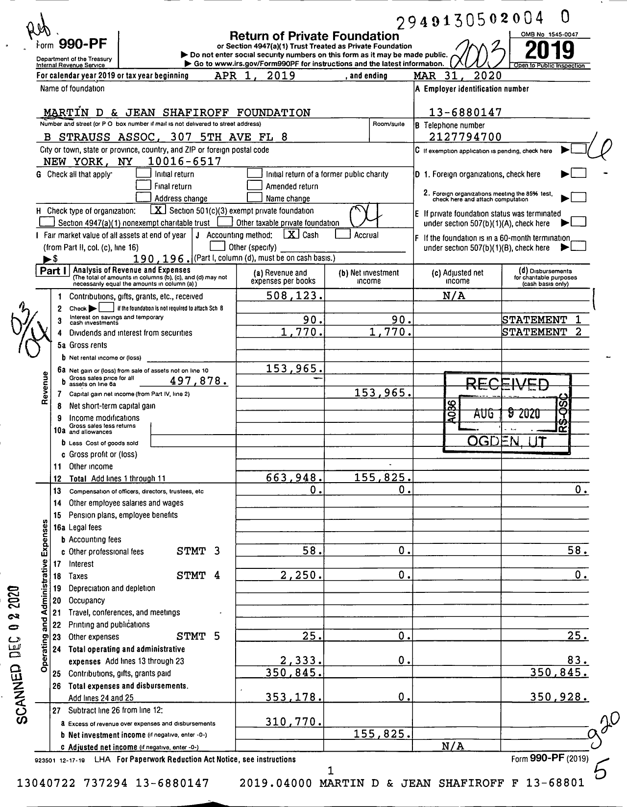 Image of first page of 2019 Form 990PF for Martin D and Jean Shafiroff Foundation