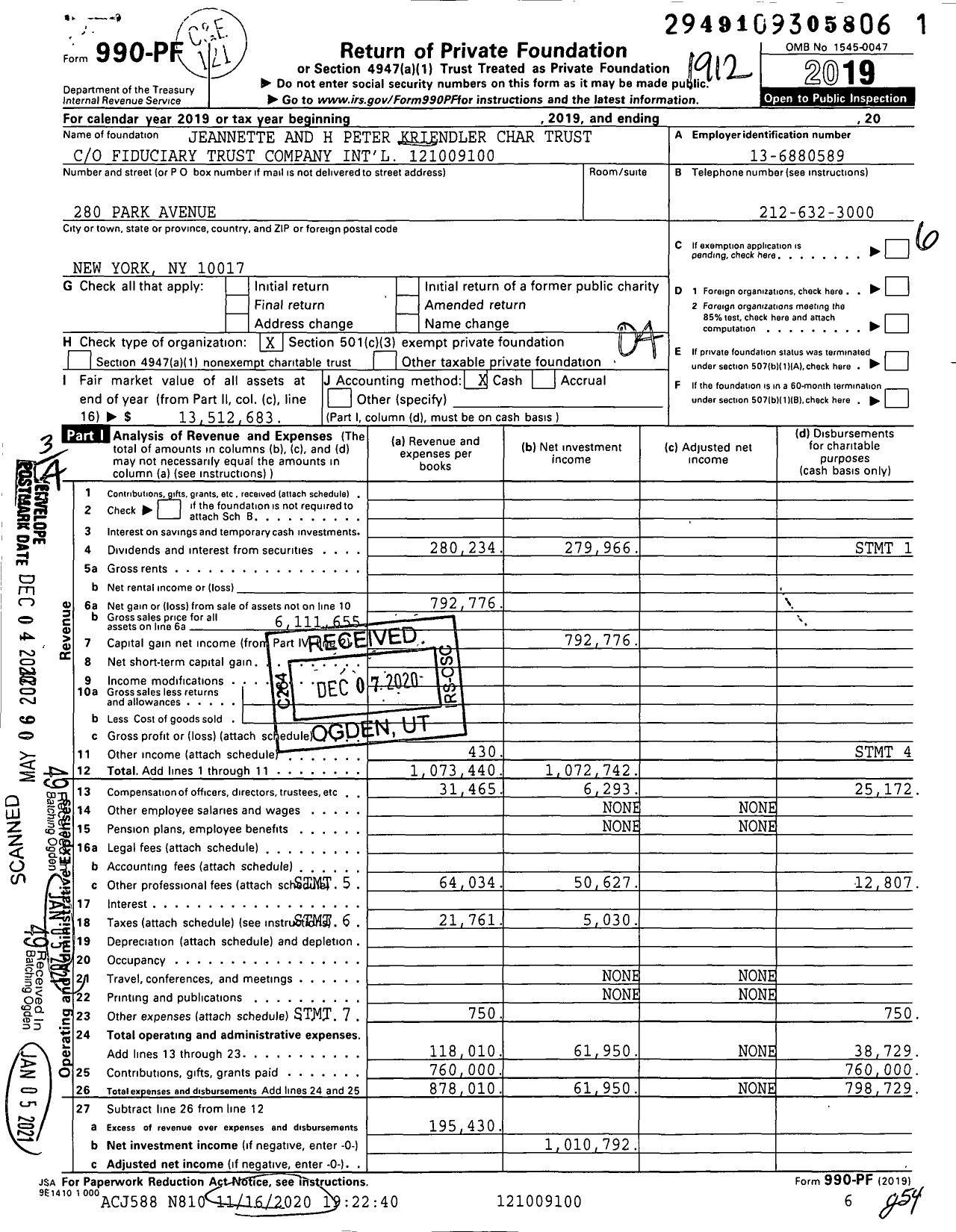 Image of first page of 2019 Form 990PF for Jeannette and H Peter Kriendler Char Trust