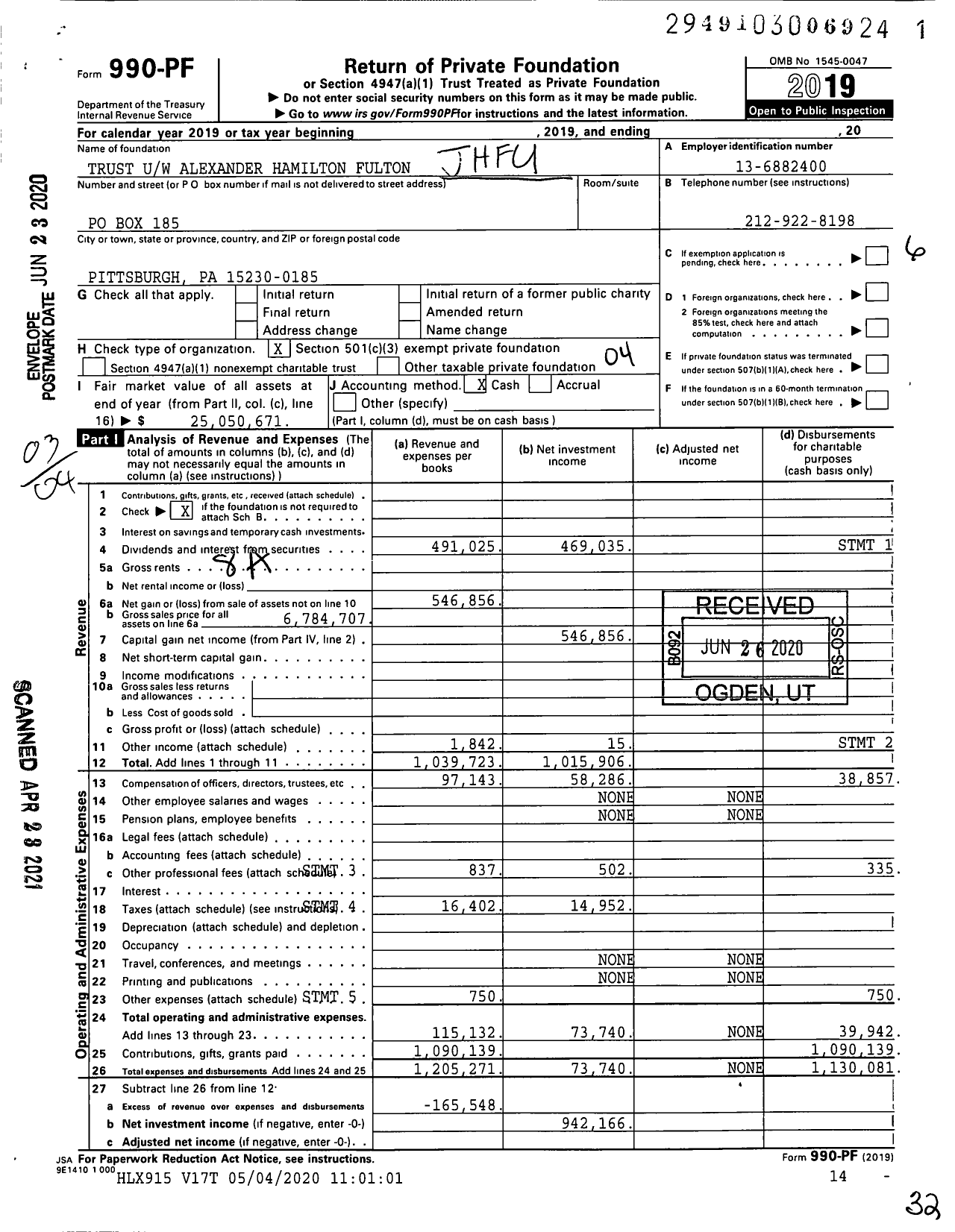 Image of first page of 2019 Form 990PF for Trust U / W Alexander Hamilton Fulton