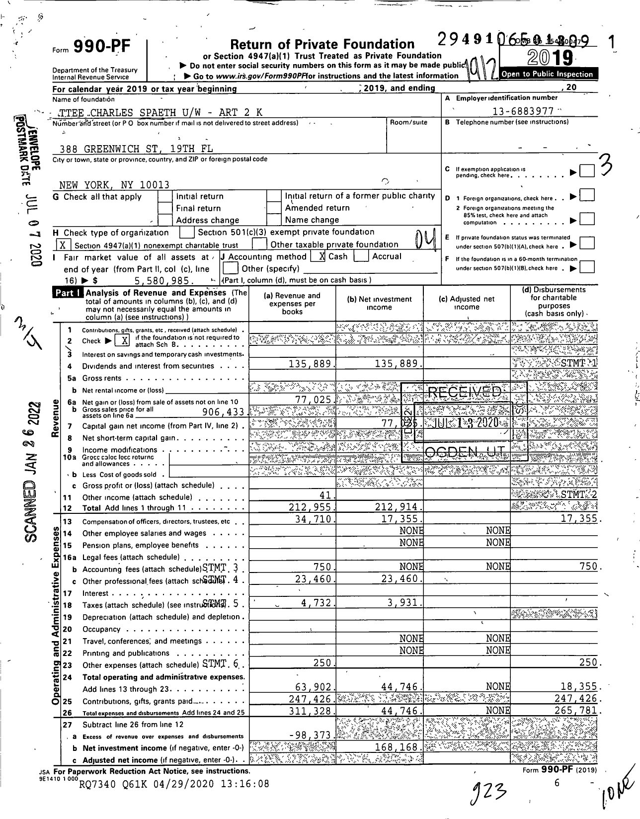 Image of first page of 2019 Form 990PF for Carol and Charles Spaeth Memorial Fund Uw