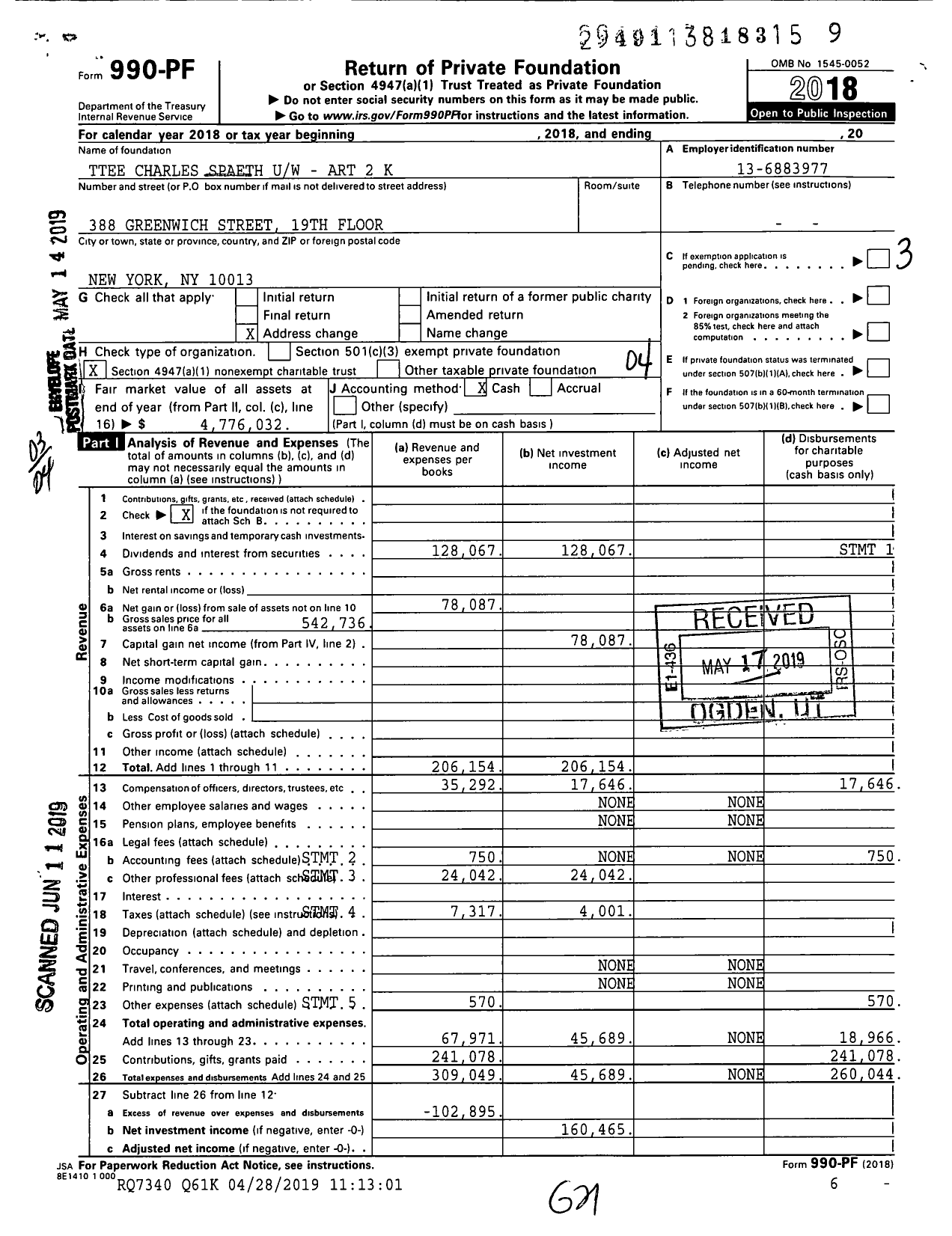 Image of first page of 2018 Form 990PF for Carol and Charles Spaeth Memorial Fund Uw