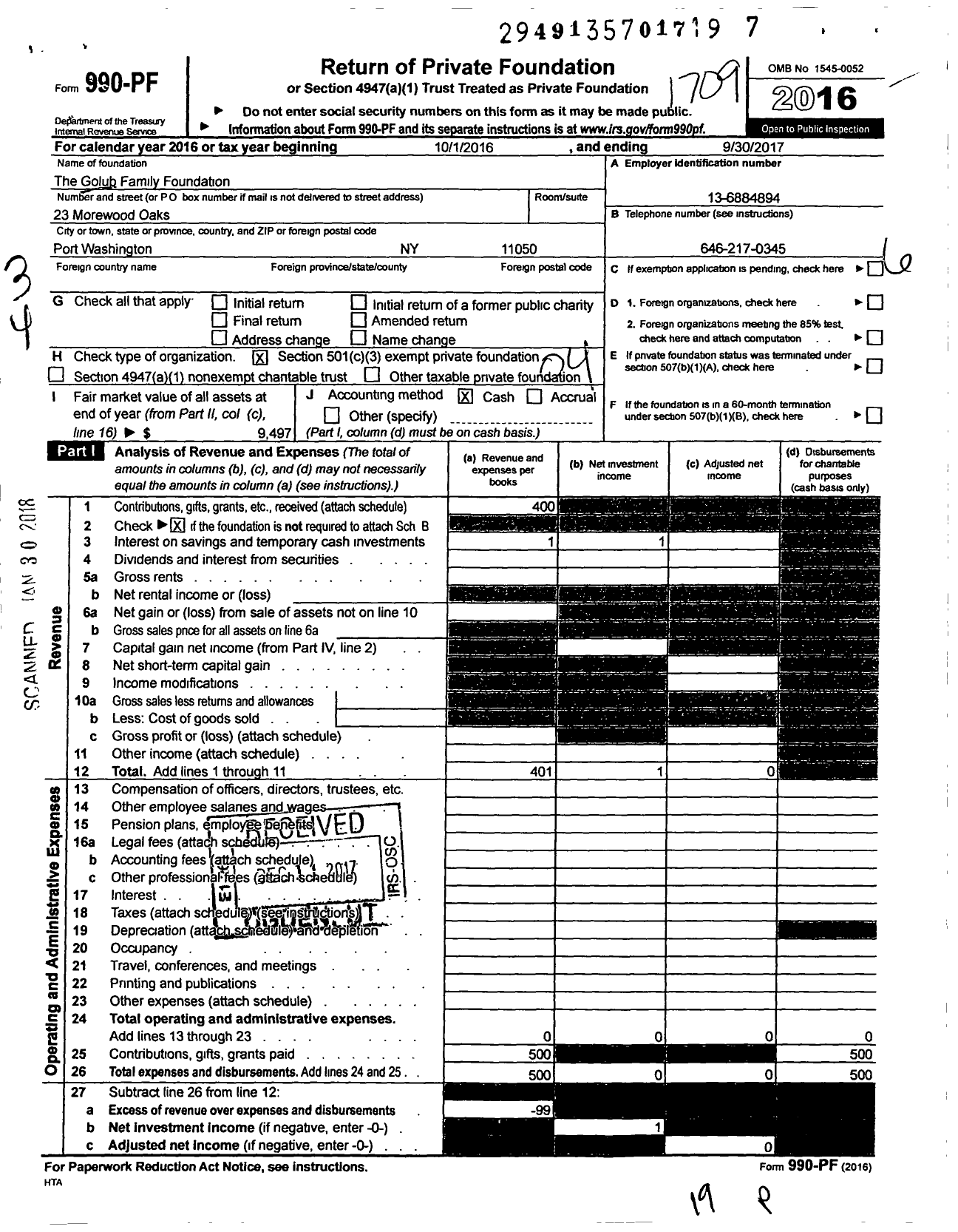 Image of first page of 2016 Form 990PF for Golub Family Foundation