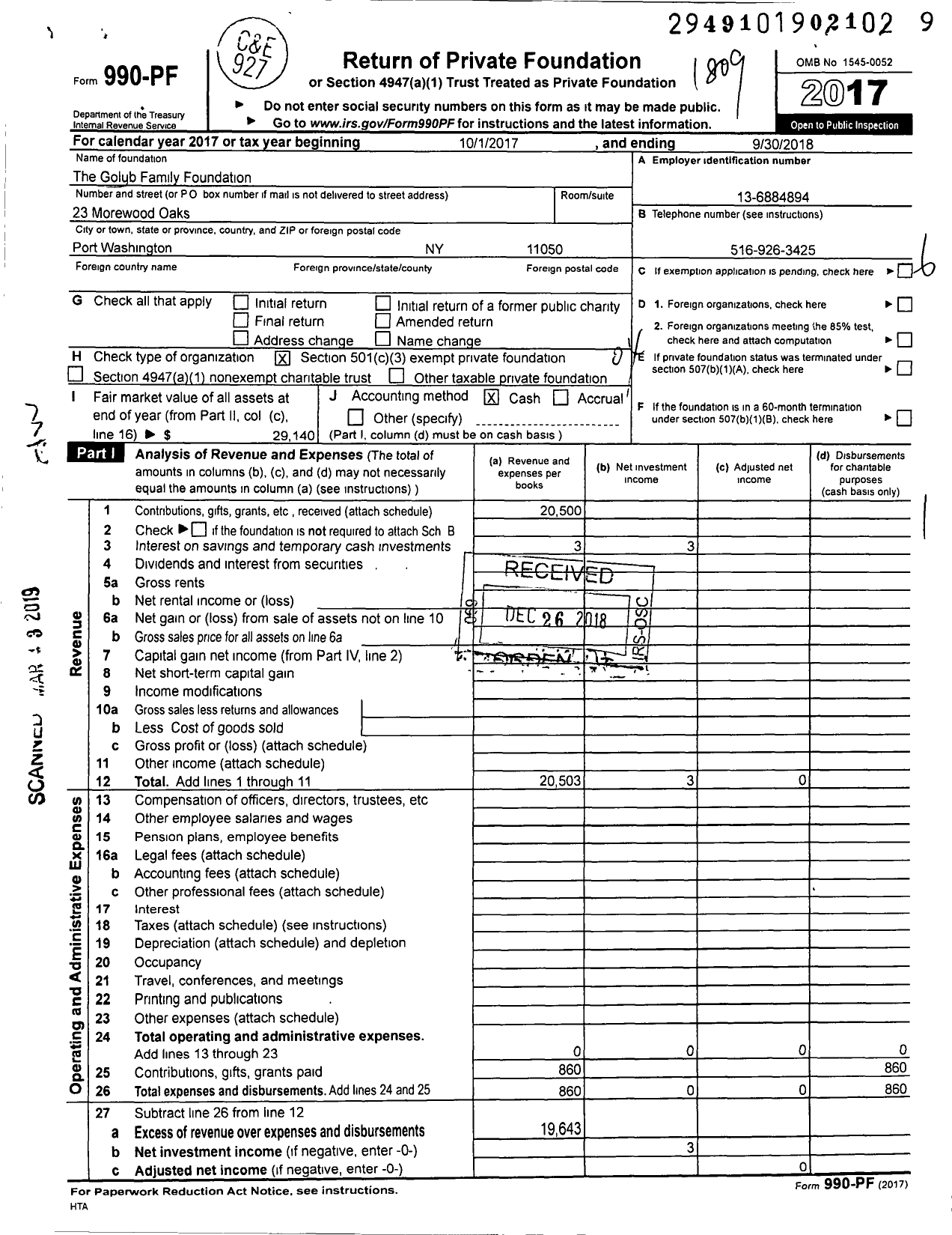 Image of first page of 2017 Form 990PF for Golub Family Foundation