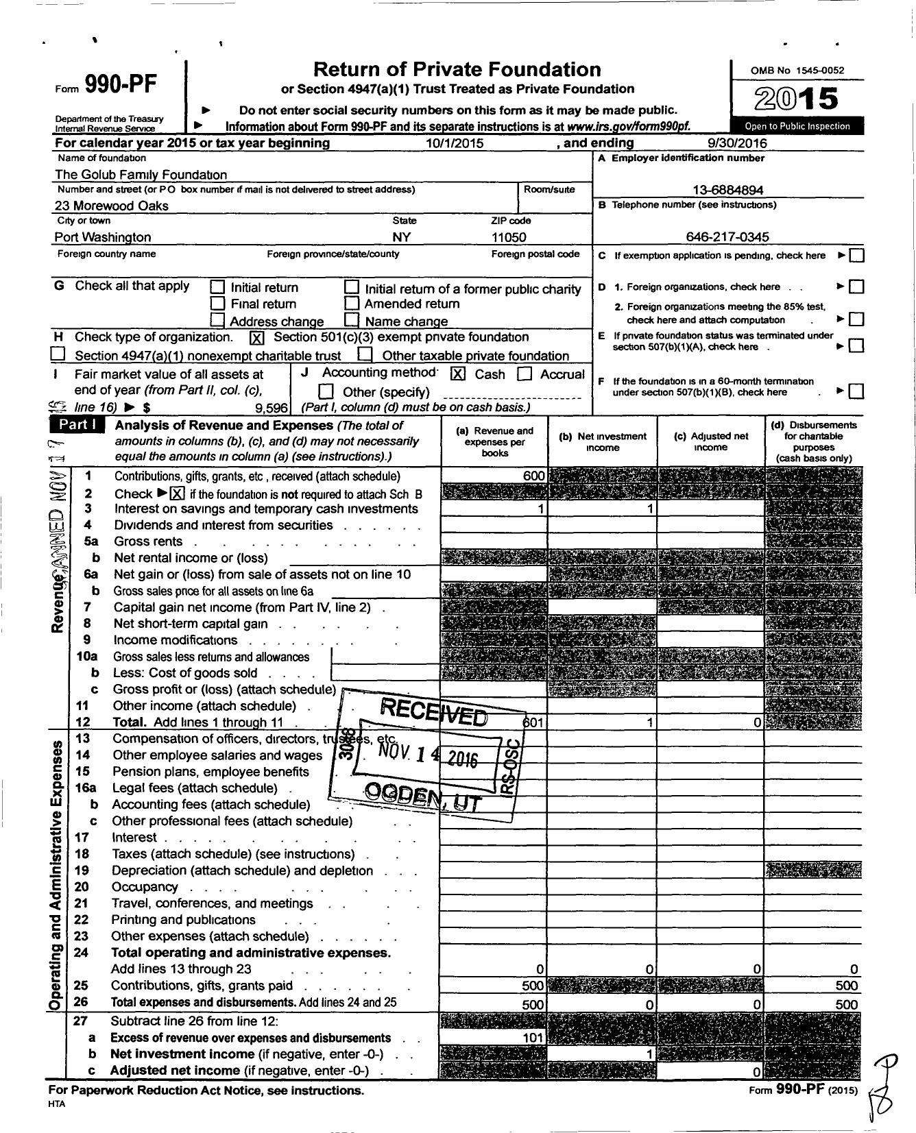 Image of first page of 2015 Form 990PF for Golub Family Foundation