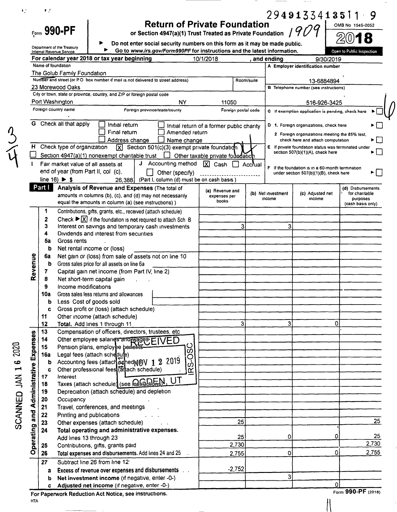 Image of first page of 2018 Form 990PF for Golub Family Foundation