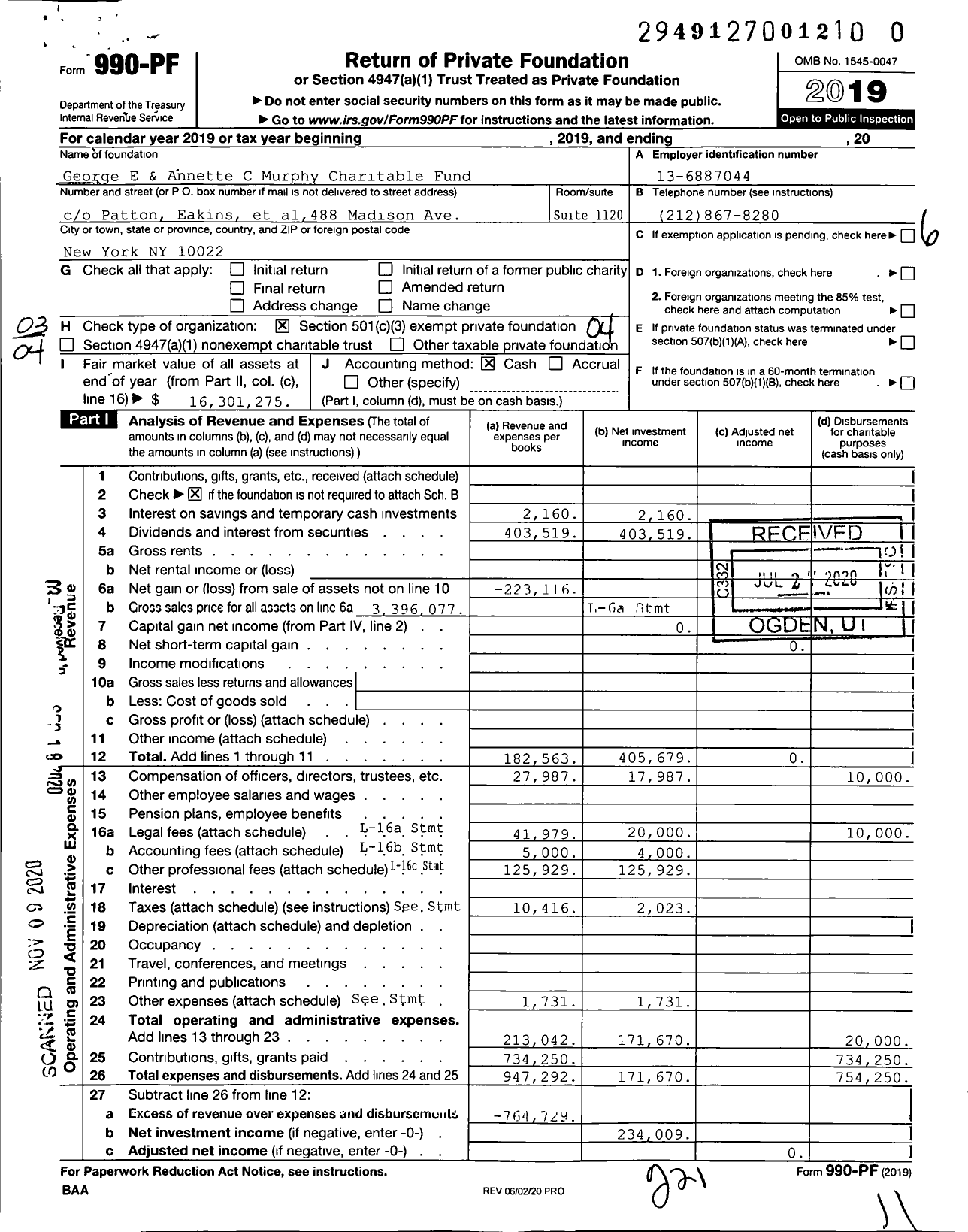 Image of first page of 2019 Form 990PF for George E and Annette C Murphy Charitable Fund