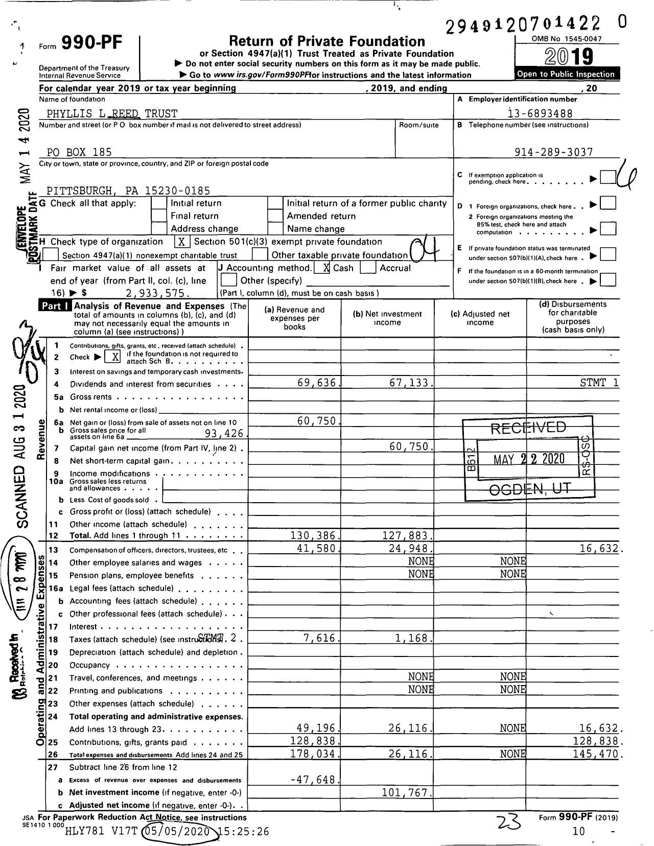 Image of first page of 2019 Form 990PR for Phyllis L Reed Trust