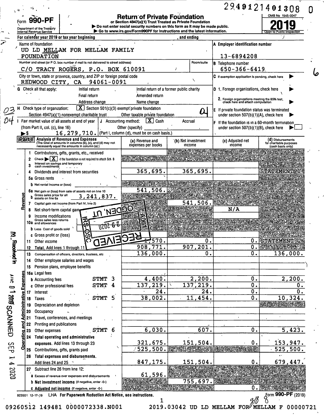 Image of first page of 2019 Form 990PR for Mellam Family Foundation