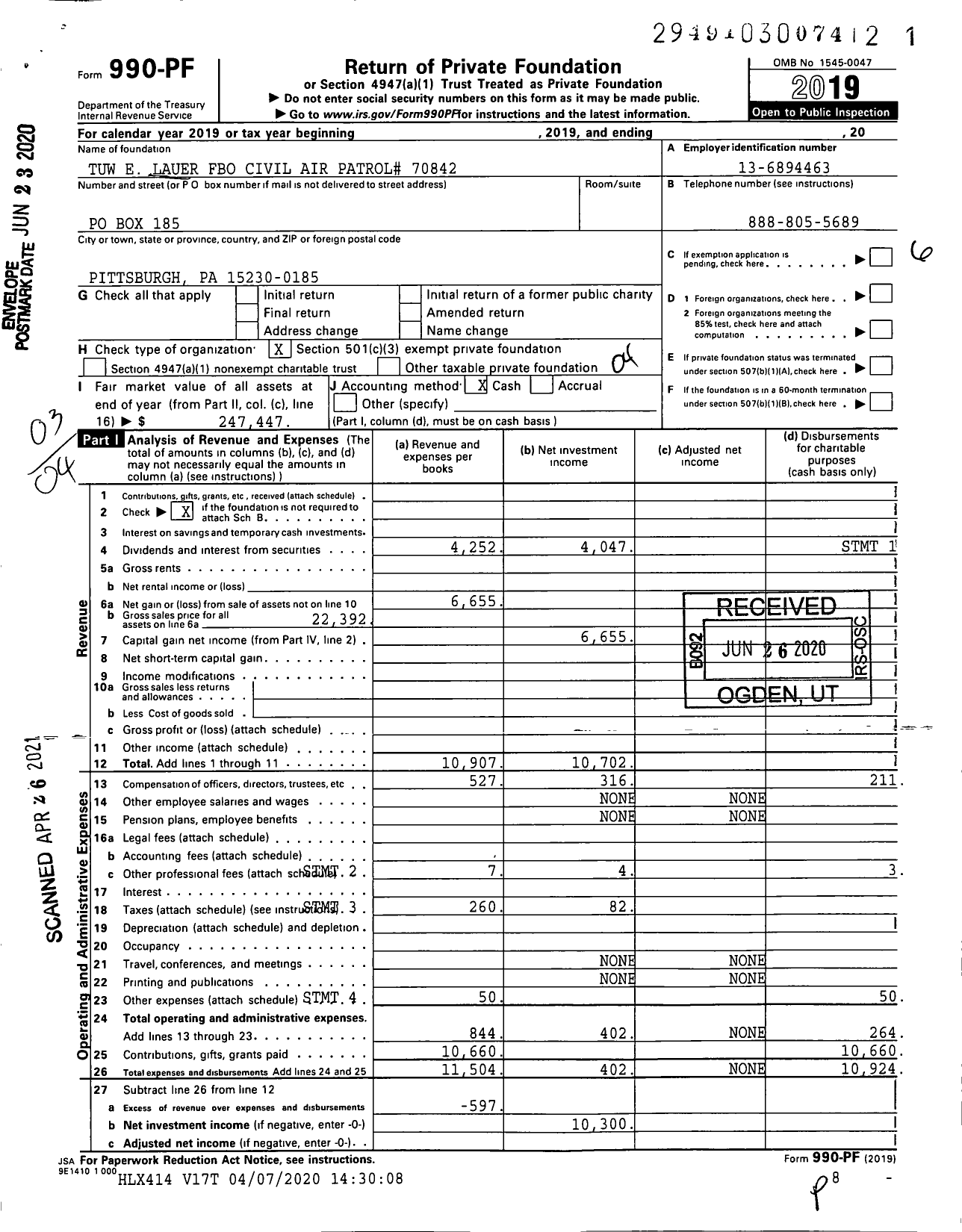 Image of first page of 2019 Form 990PF for Tuw E Lauer Fbo Civil Air Patrol# 70842