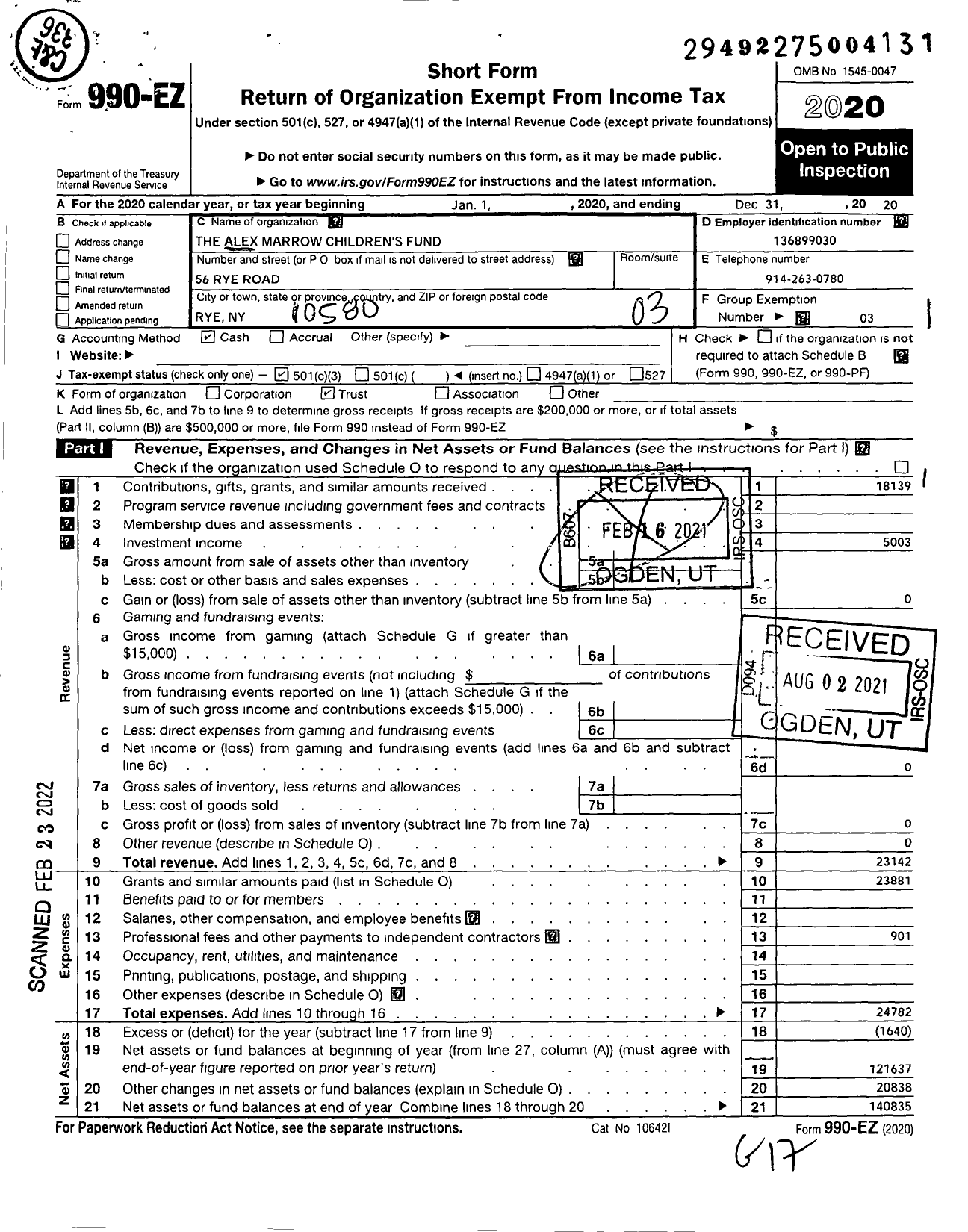 Image of first page of 2020 Form 990EZ for The Alex Marrow Children's Fund