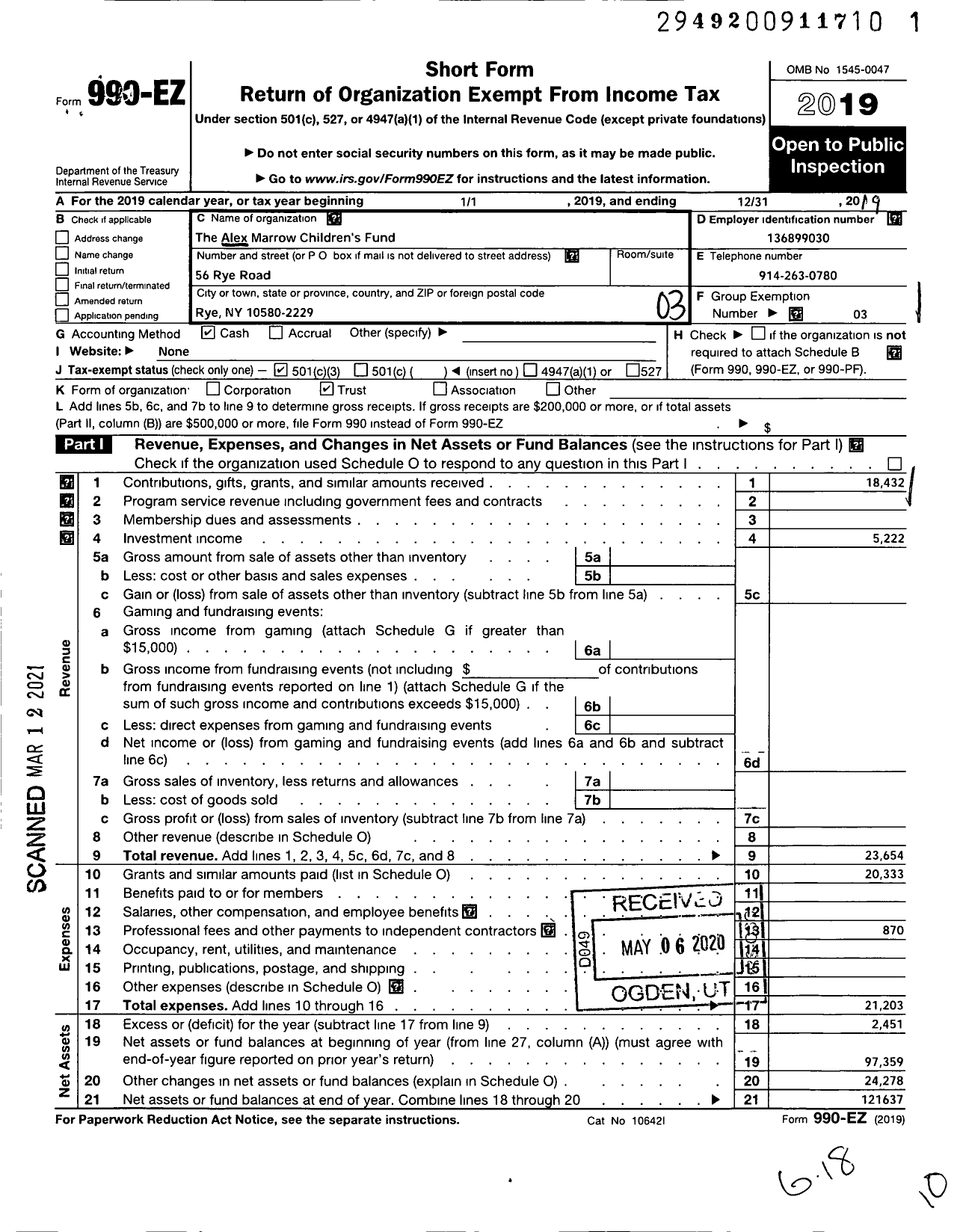 Image of first page of 2019 Form 990EZ for The Alex Marrow Children's Fund