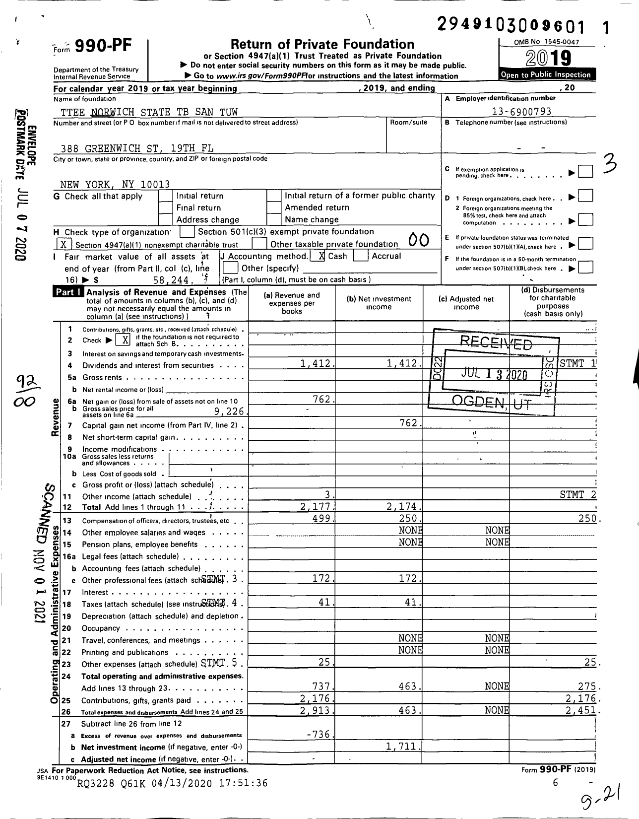 Image of first page of 2019 Form 990PF for Trustees Norwich State TB San Tuw