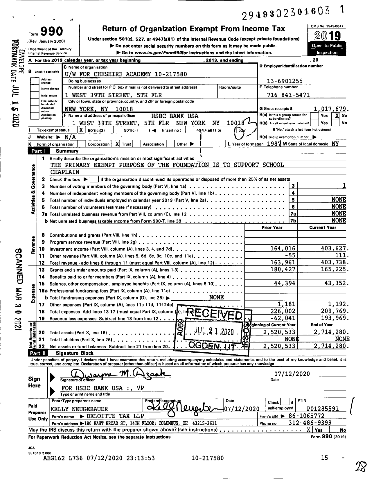 Image of first page of 2019 Form 990 for Charles Harwood Uw Fbo Cheshire Academy